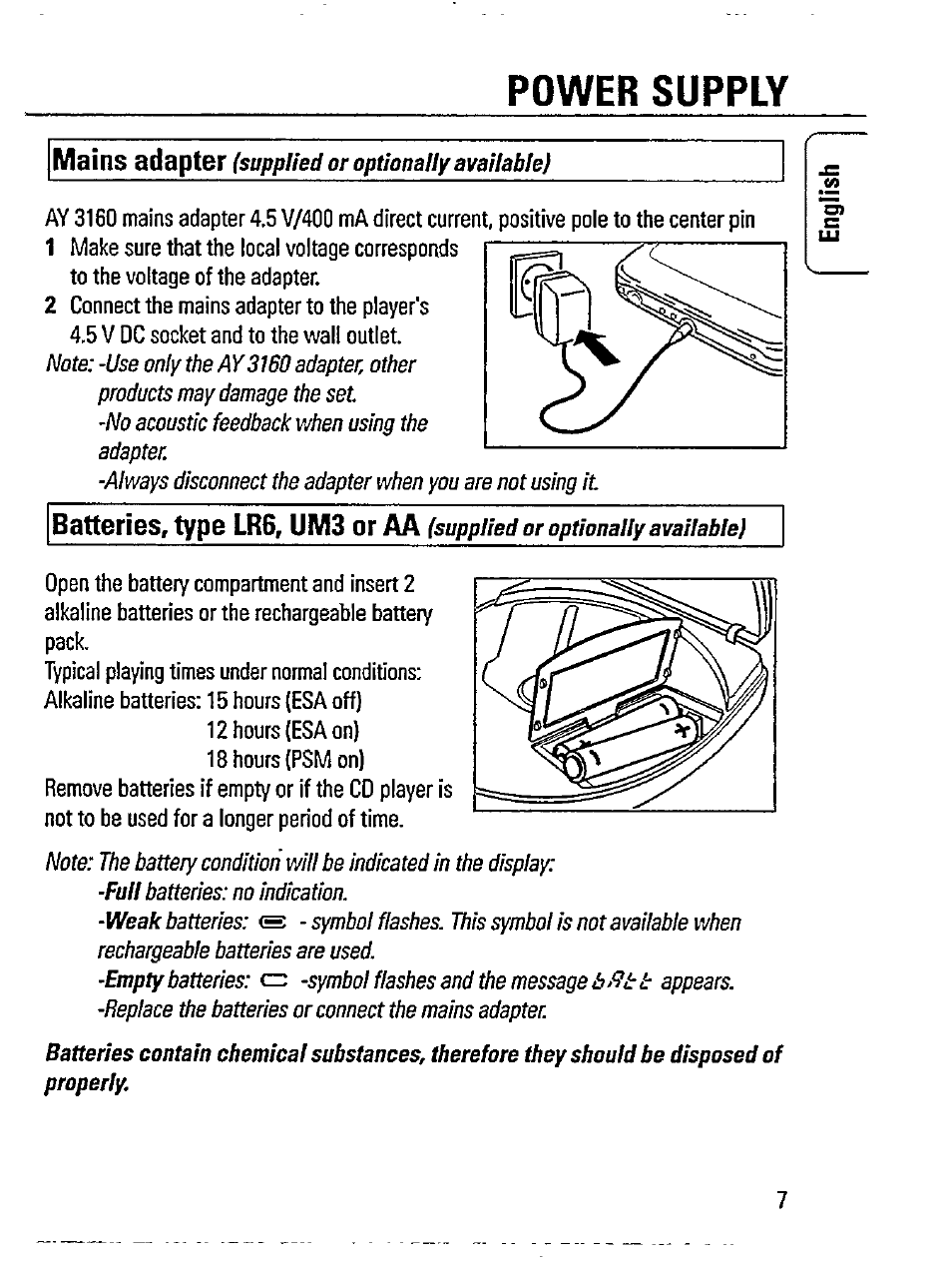 Power supply | Philips AZ 7595/00 User Manual | Page 7 / 23