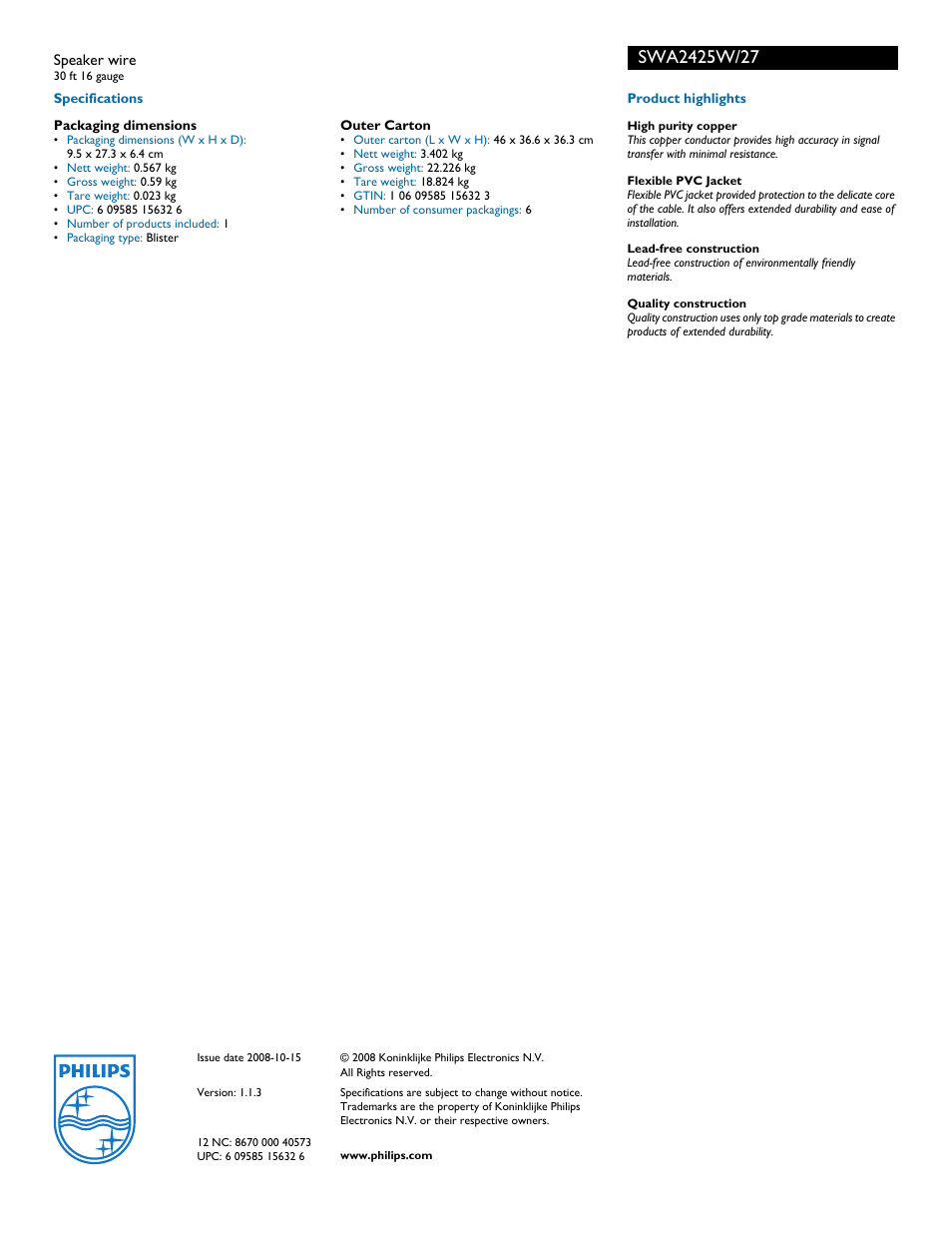 Philips SWA2425W User Manual | Page 2 / 2