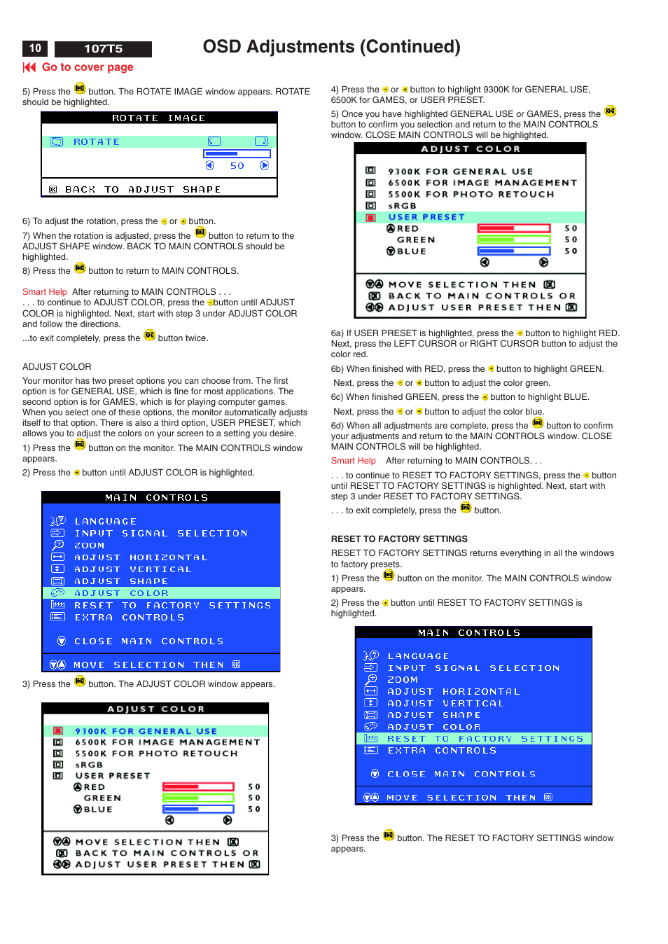 Osd adjustments (continued), Go to cover page, 107t5 | Philips V30 User Manual | Page 10 / 109
