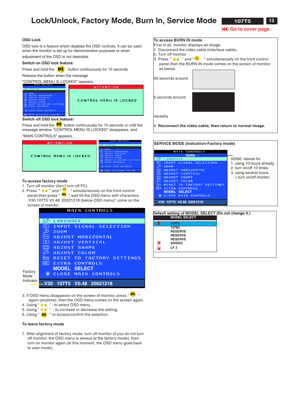 Lock/unlock, factory mode, burn in, service mode | Philips V30 User Manual | Page 13 / 109