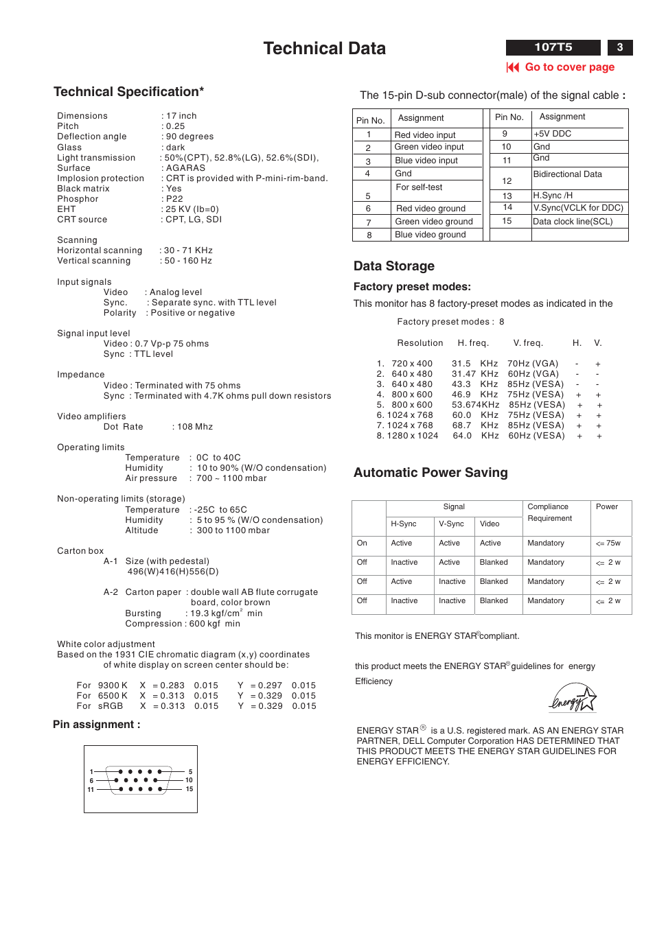 Technical data, Automatic power saving data storage, Technical specification | Go to cover page, Pin assignment, Factory preset modes, 107t5 | Philips V30 User Manual | Page 3 / 109