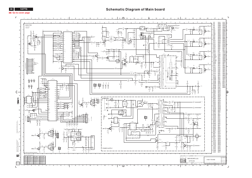 Schematic diagram of main board, Go to cover page, Power supply | Main pcb, Ed c b a, Po n, 25 j | Philips V30 User Manual | Page 30 / 109