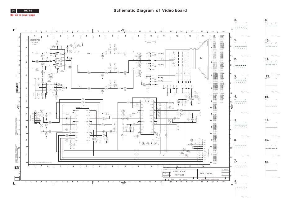 Schematic diagram of video board, Go to cover page, E9 b | M12 6, M8 7 j, Co a k d, 20 e, 16 5 h, 11 video pcb | Philips V30 User Manual | Page 34 / 109