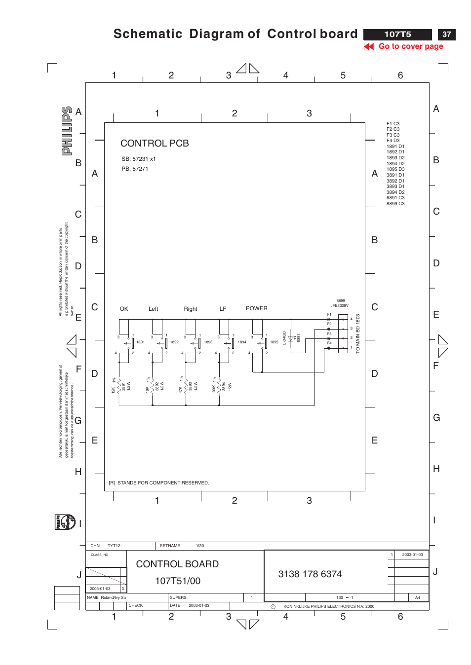 Schematic diagram of control board, A2 j, Ih g f e | Control pcb, De b | Philips V30 User Manual | Page 37 / 109