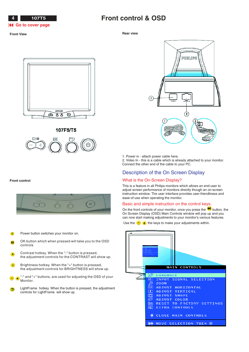 Front control & osd, Description of the on screen display | Philips V30 User Manual | Page 4 / 109