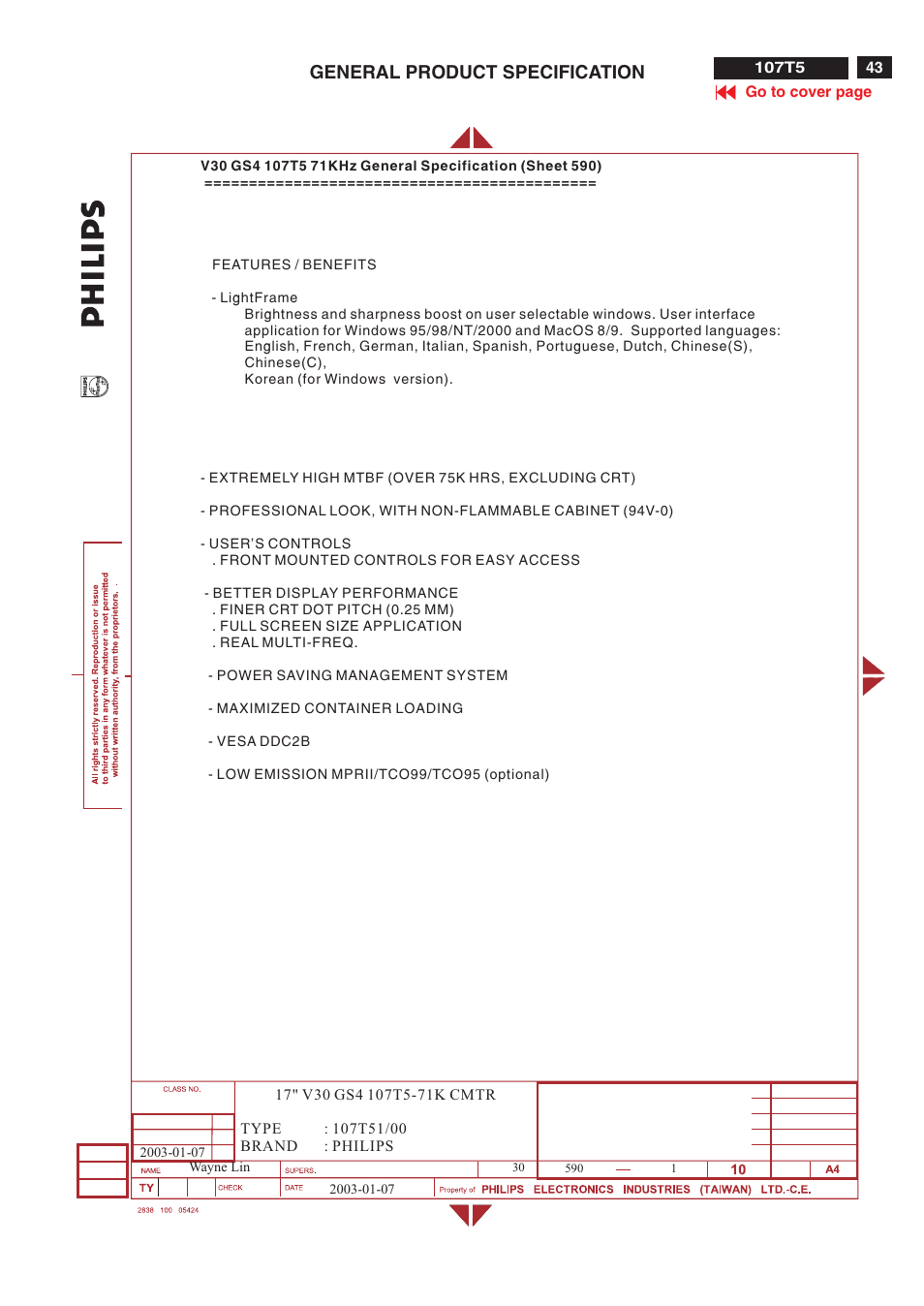 General product specification | Philips V30 User Manual | Page 43 / 109