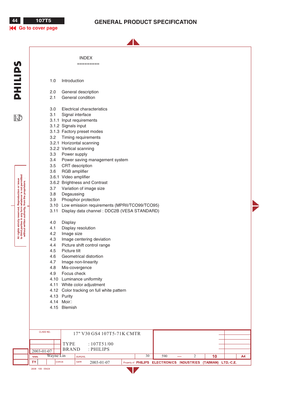 General product specification | Philips V30 User Manual | Page 44 / 109