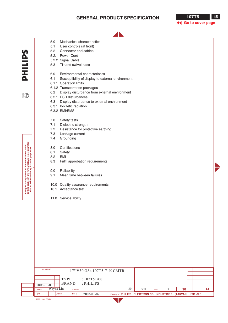 General product specification | Philips V30 User Manual | Page 45 / 109