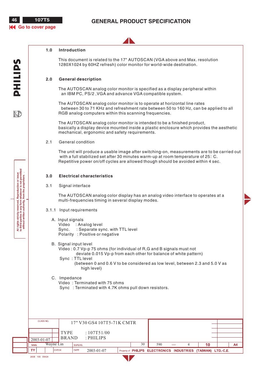 General product specification | Philips V30 User Manual | Page 46 / 109