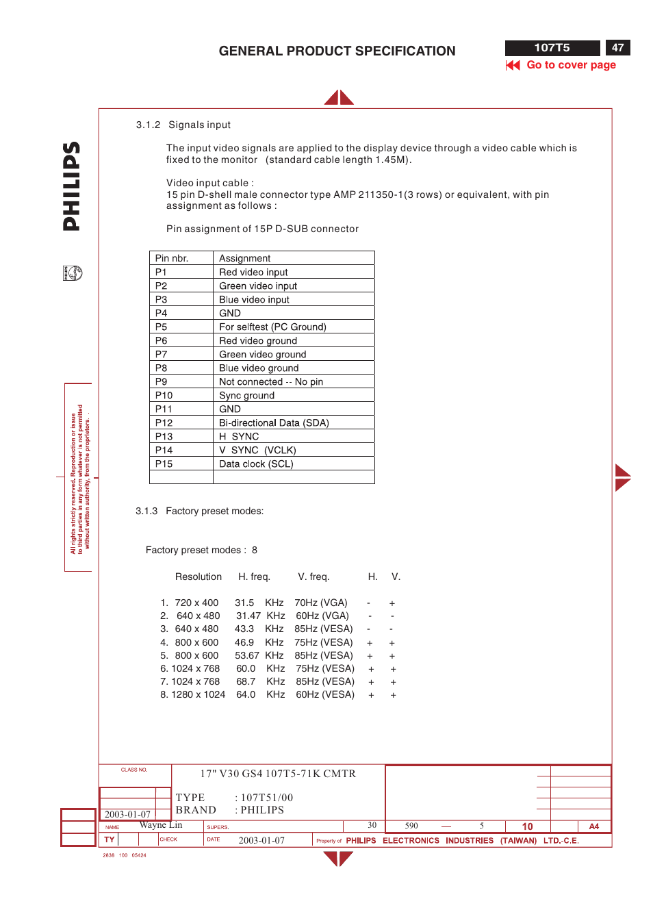 General product specification | Philips V30 User Manual | Page 47 / 109