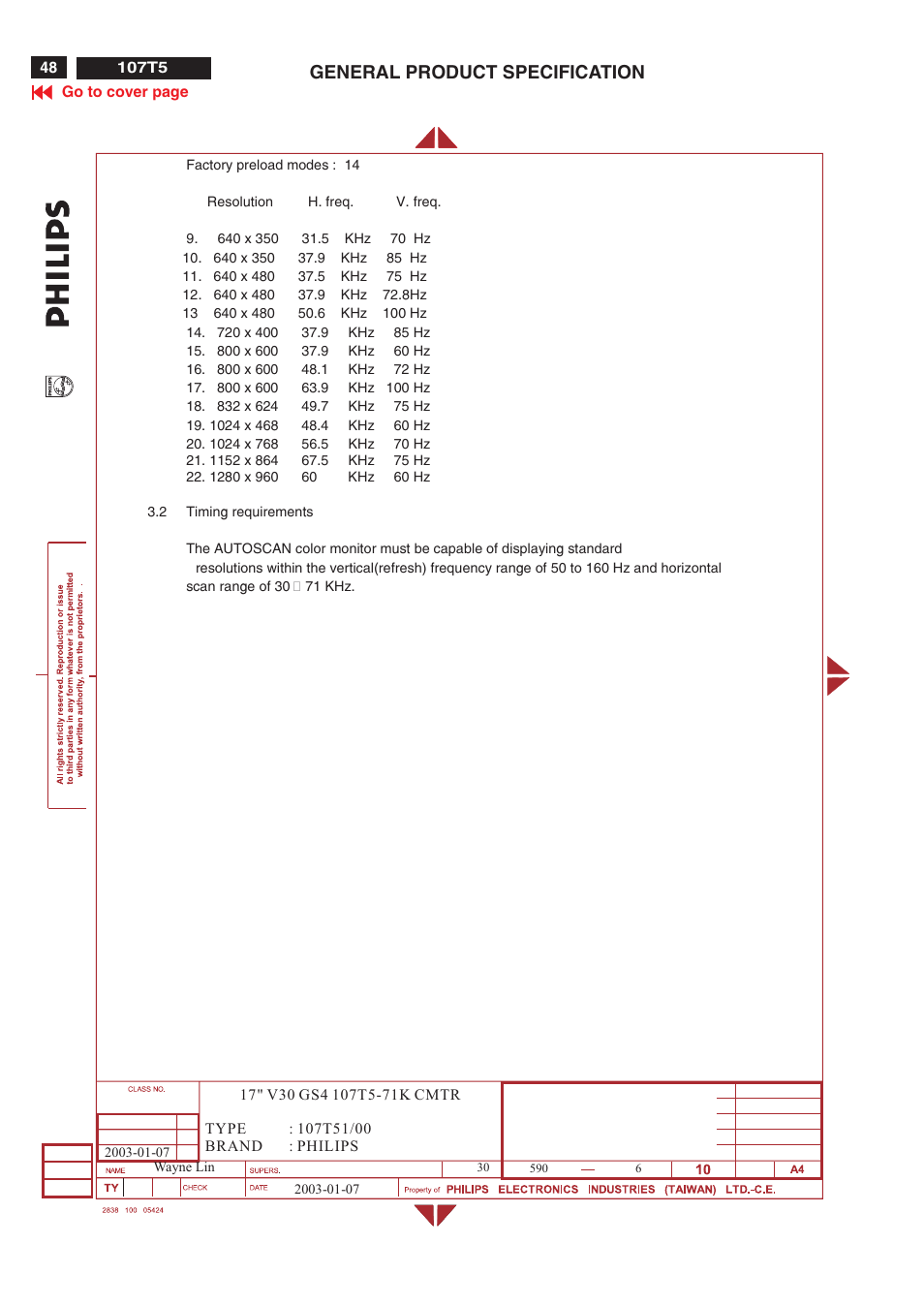General product specification | Philips V30 User Manual | Page 48 / 109