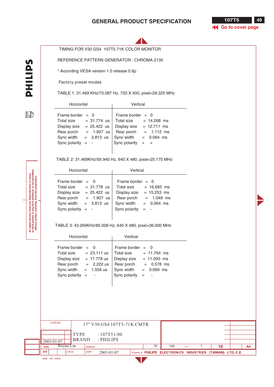 General product specification | Philips V30 User Manual | Page 49 / 109