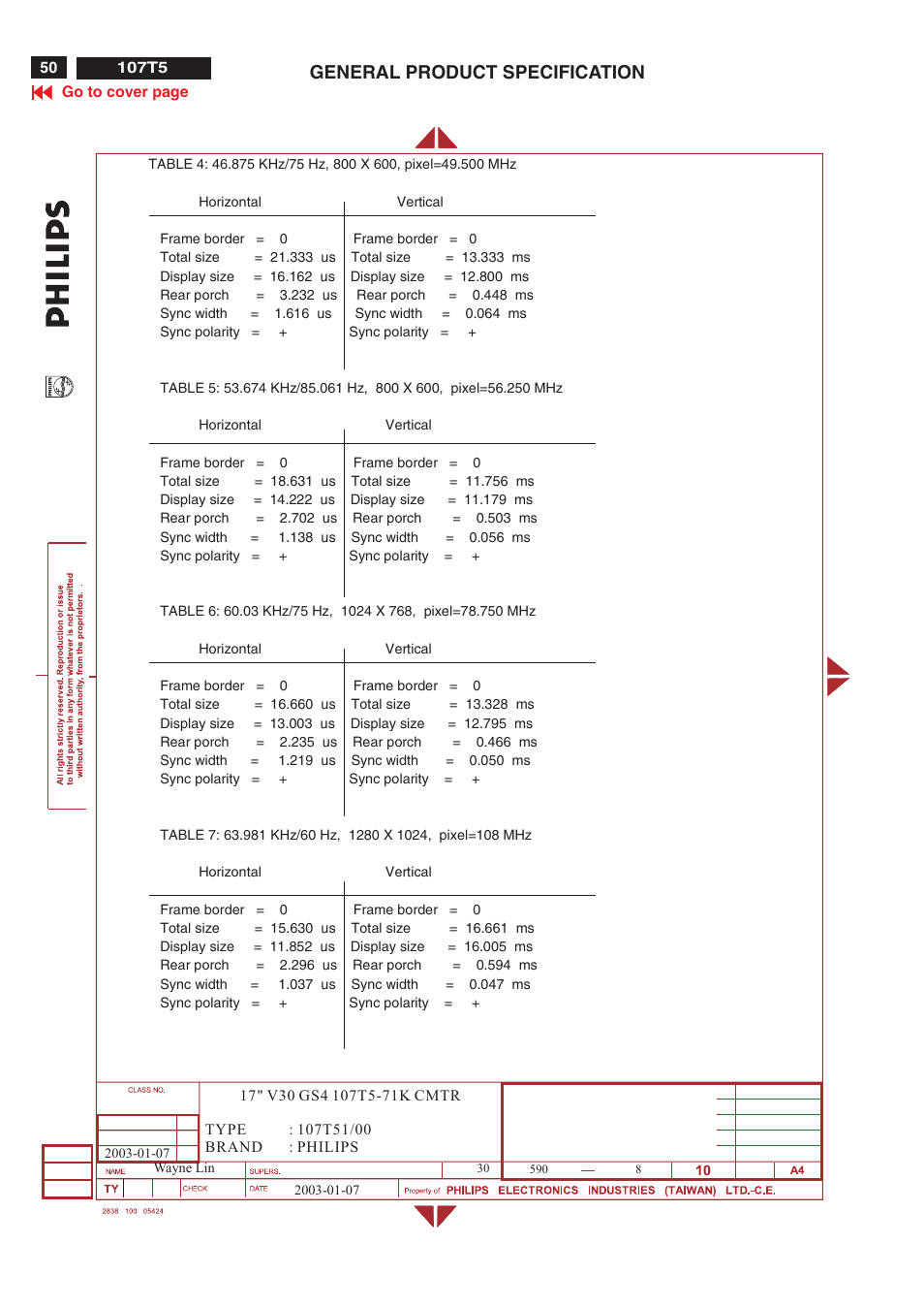 General product specification | Philips V30 User Manual | Page 50 / 109