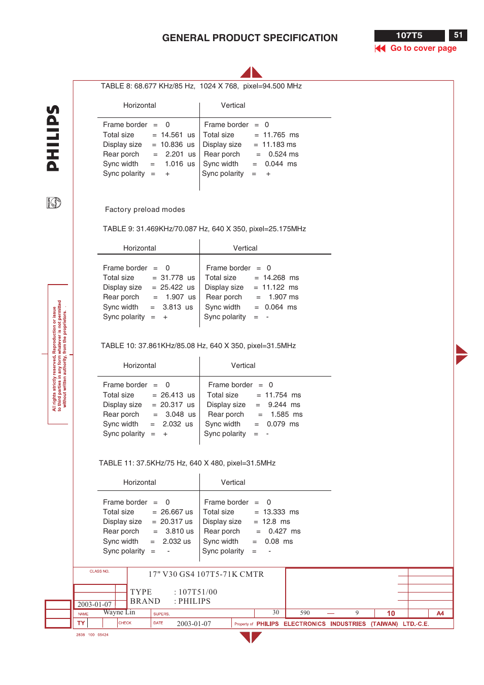 General product specification | Philips V30 User Manual | Page 51 / 109