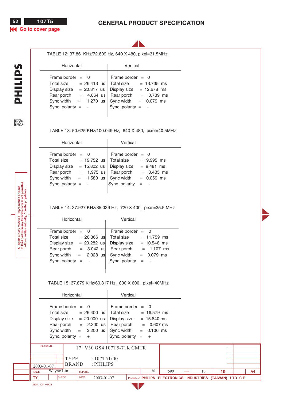 General product specification | Philips V30 User Manual | Page 52 / 109