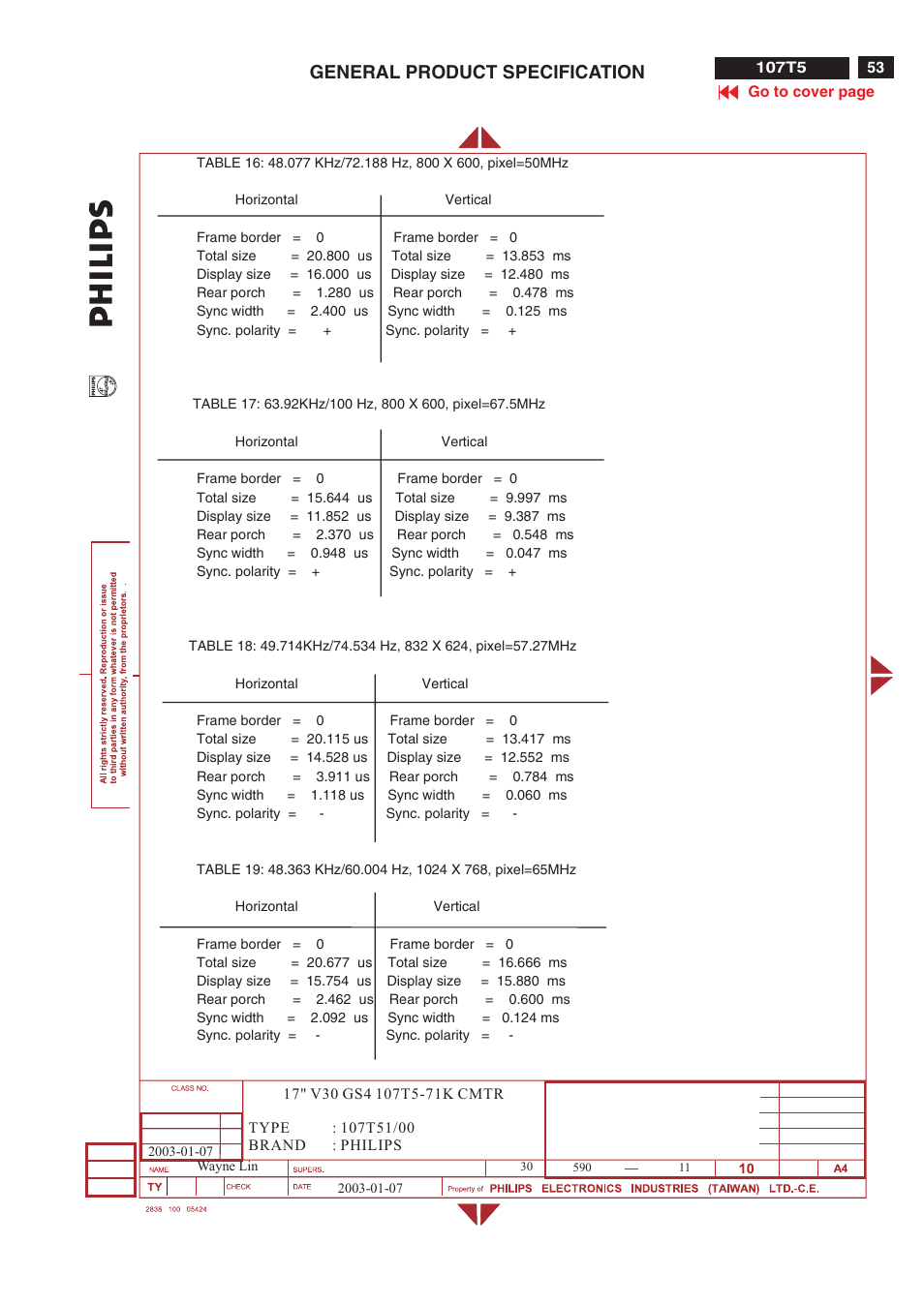 General product specification | Philips V30 User Manual | Page 53 / 109