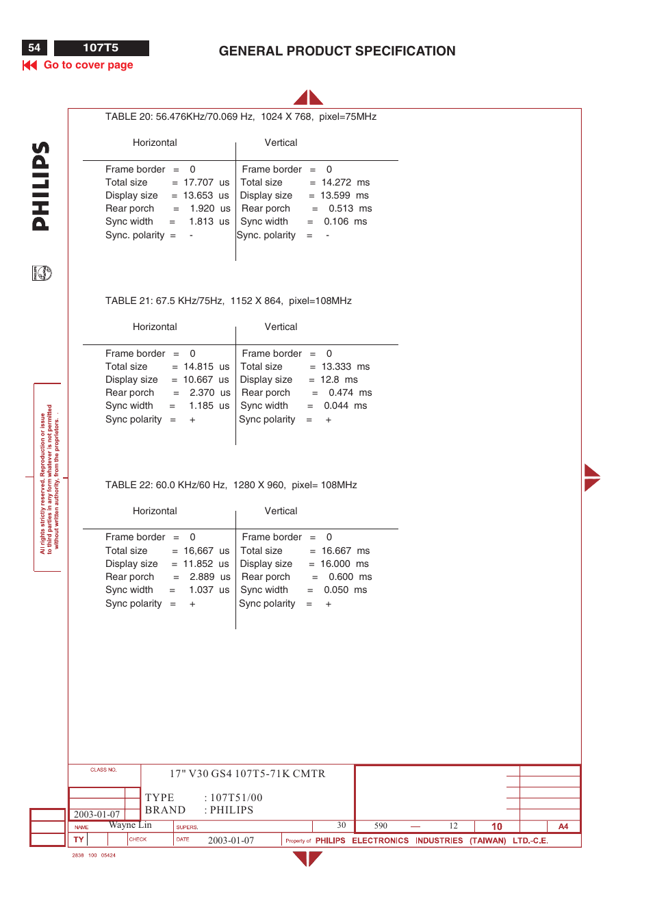 General product specification | Philips V30 User Manual | Page 54 / 109