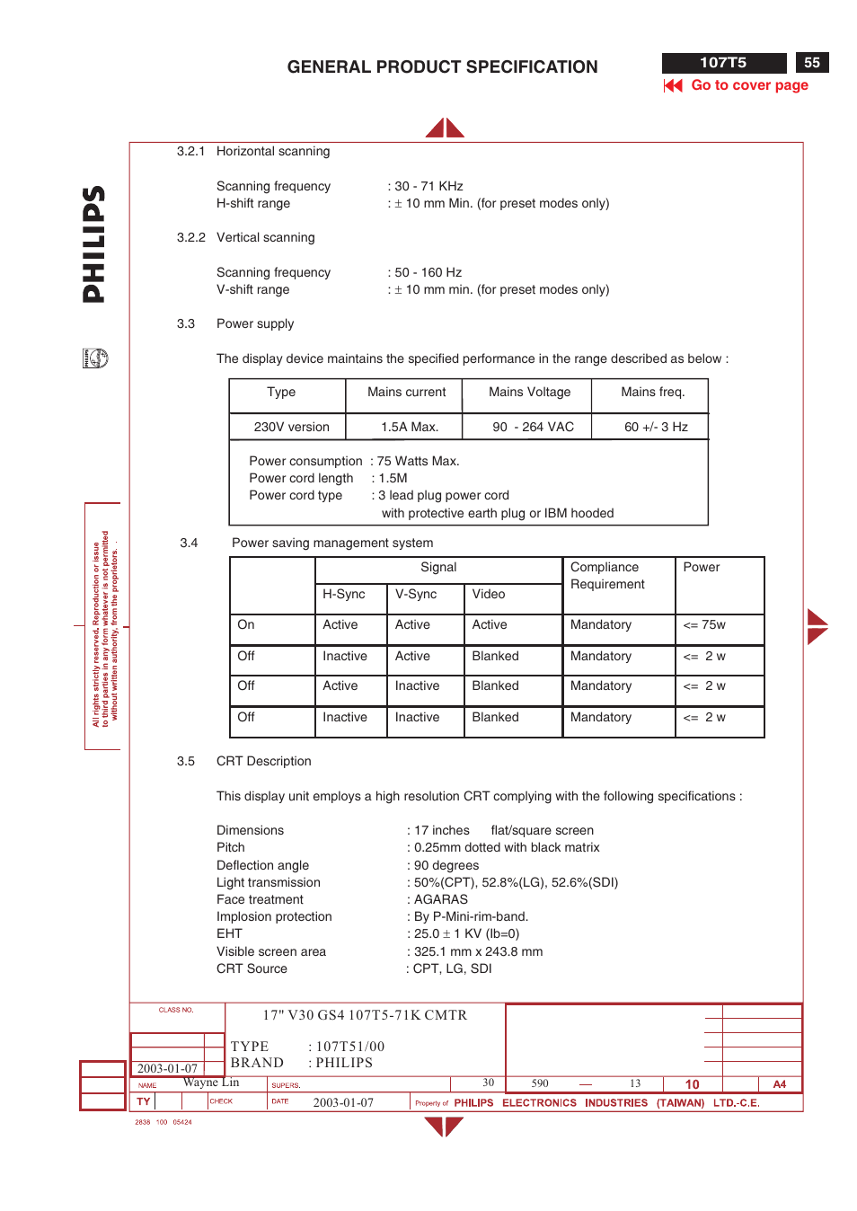 General product specification | Philips V30 User Manual | Page 55 / 109