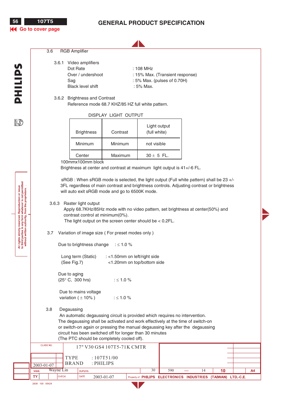 General product specification | Philips V30 User Manual | Page 56 / 109