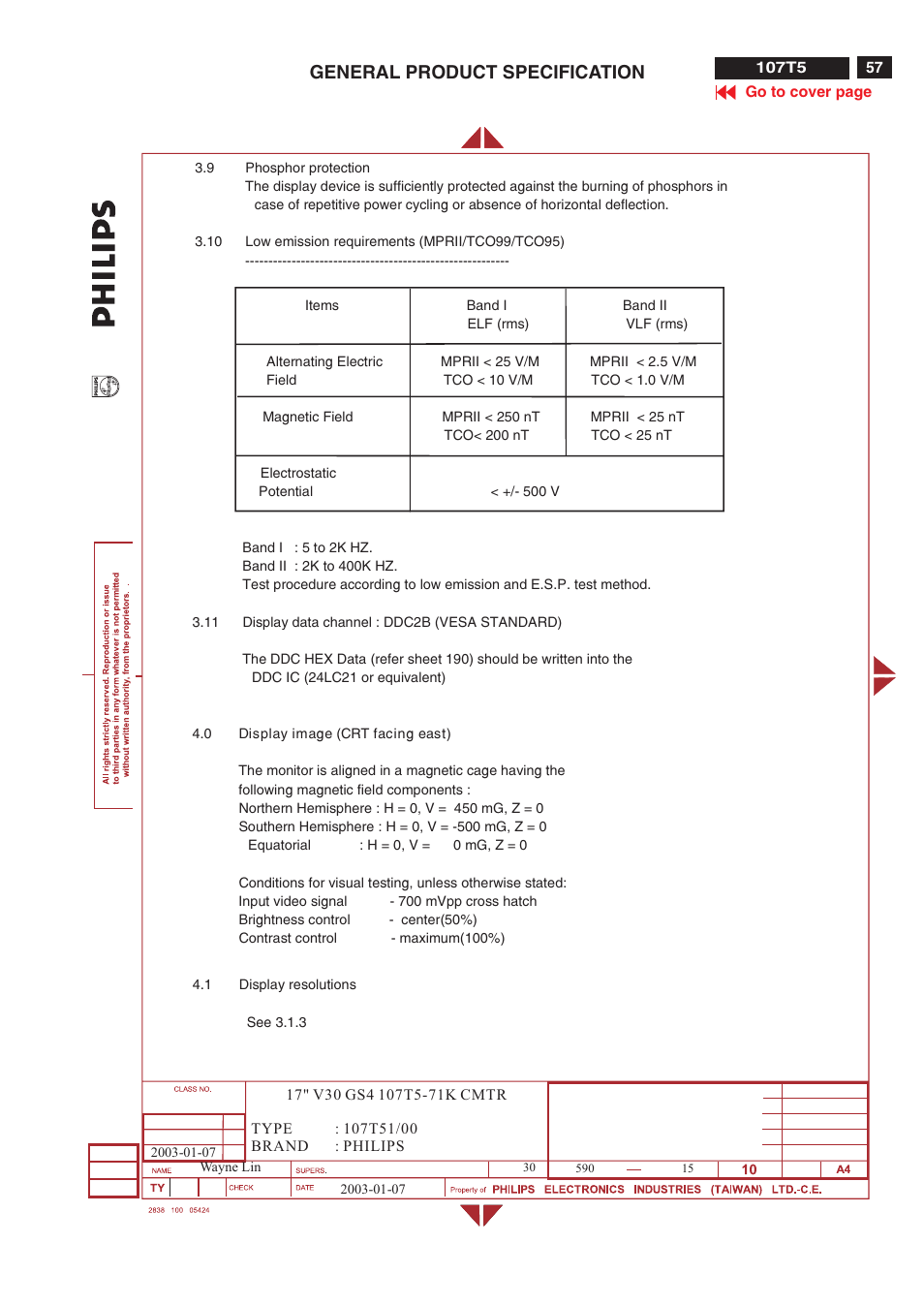 General product specification | Philips V30 User Manual | Page 57 / 109