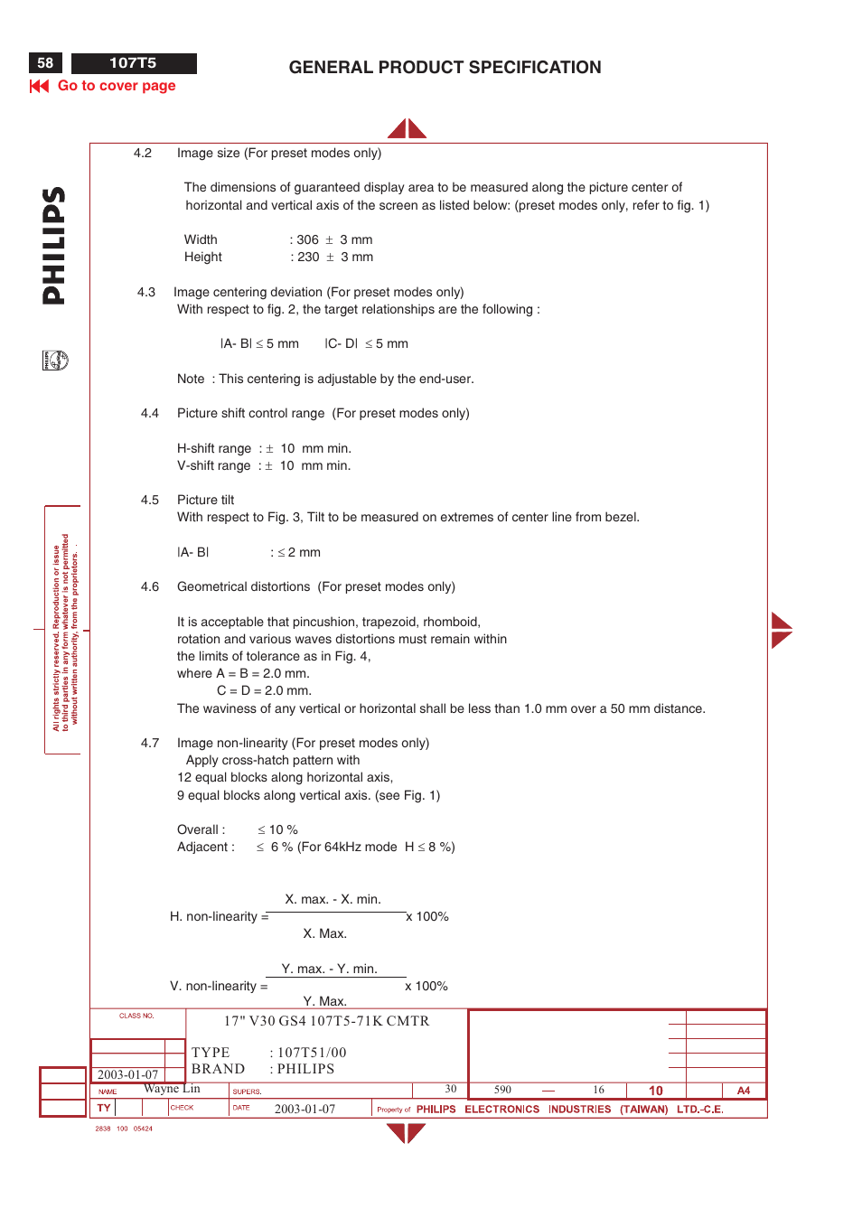 General product specification | Philips V30 User Manual | Page 58 / 109