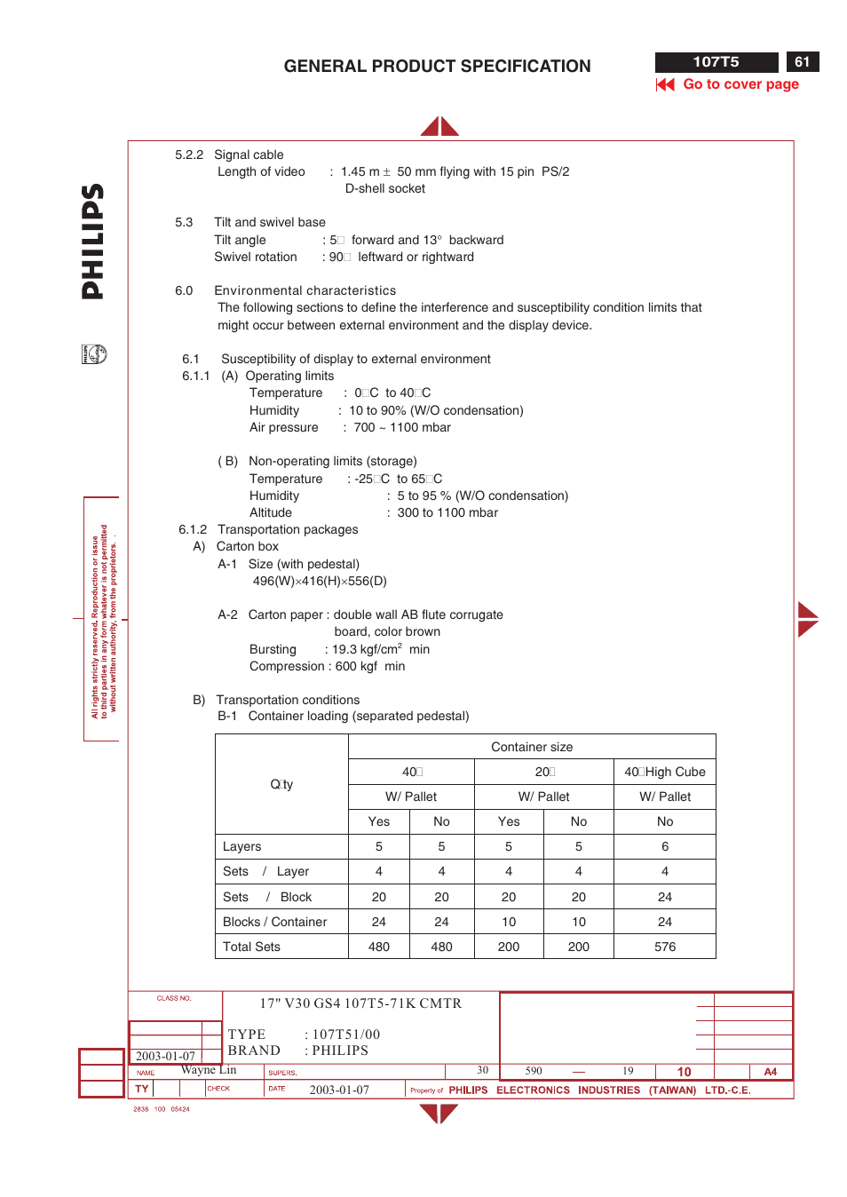 General product specification | Philips V30 User Manual | Page 61 / 109
