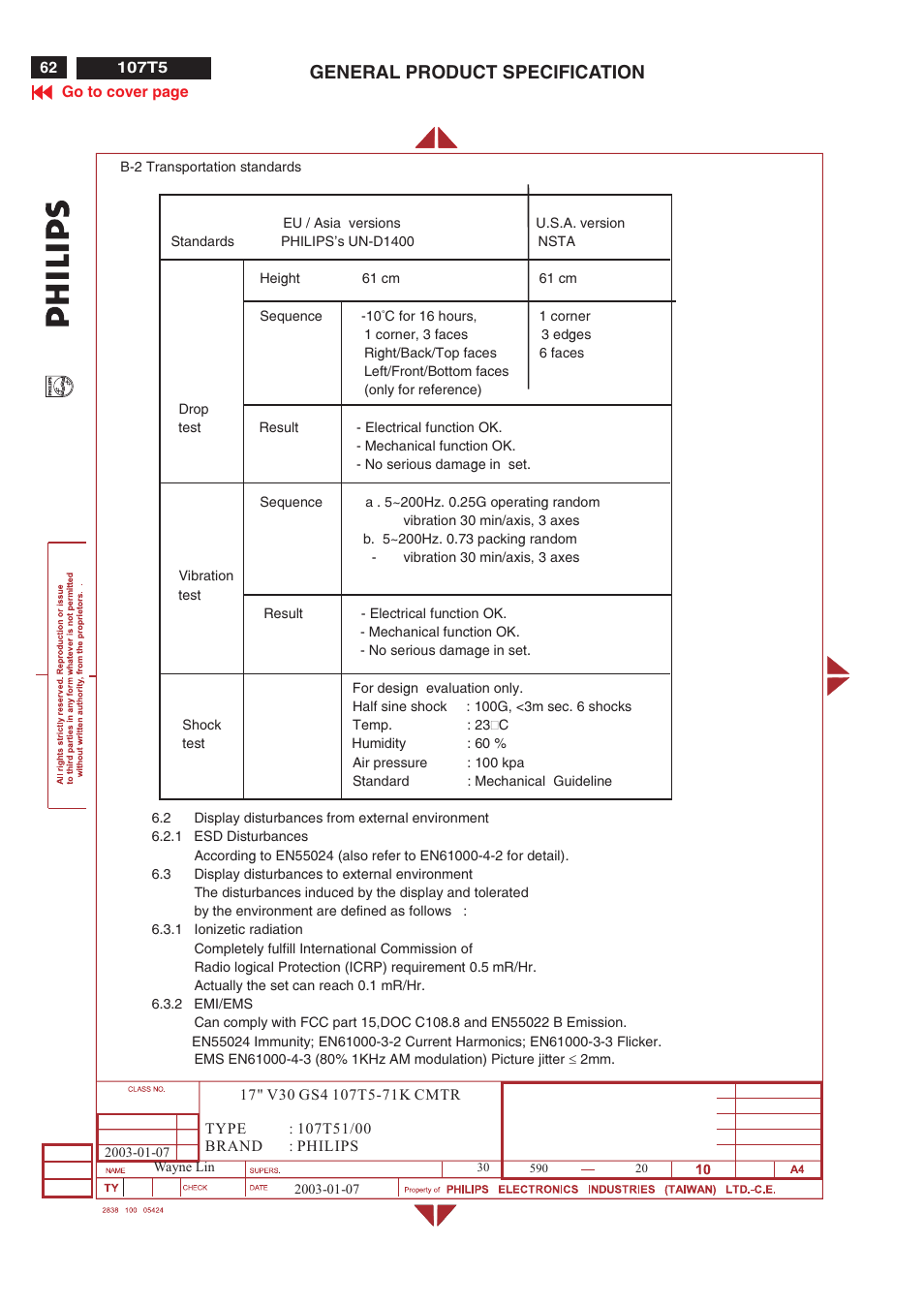 General product specification | Philips V30 User Manual | Page 62 / 109