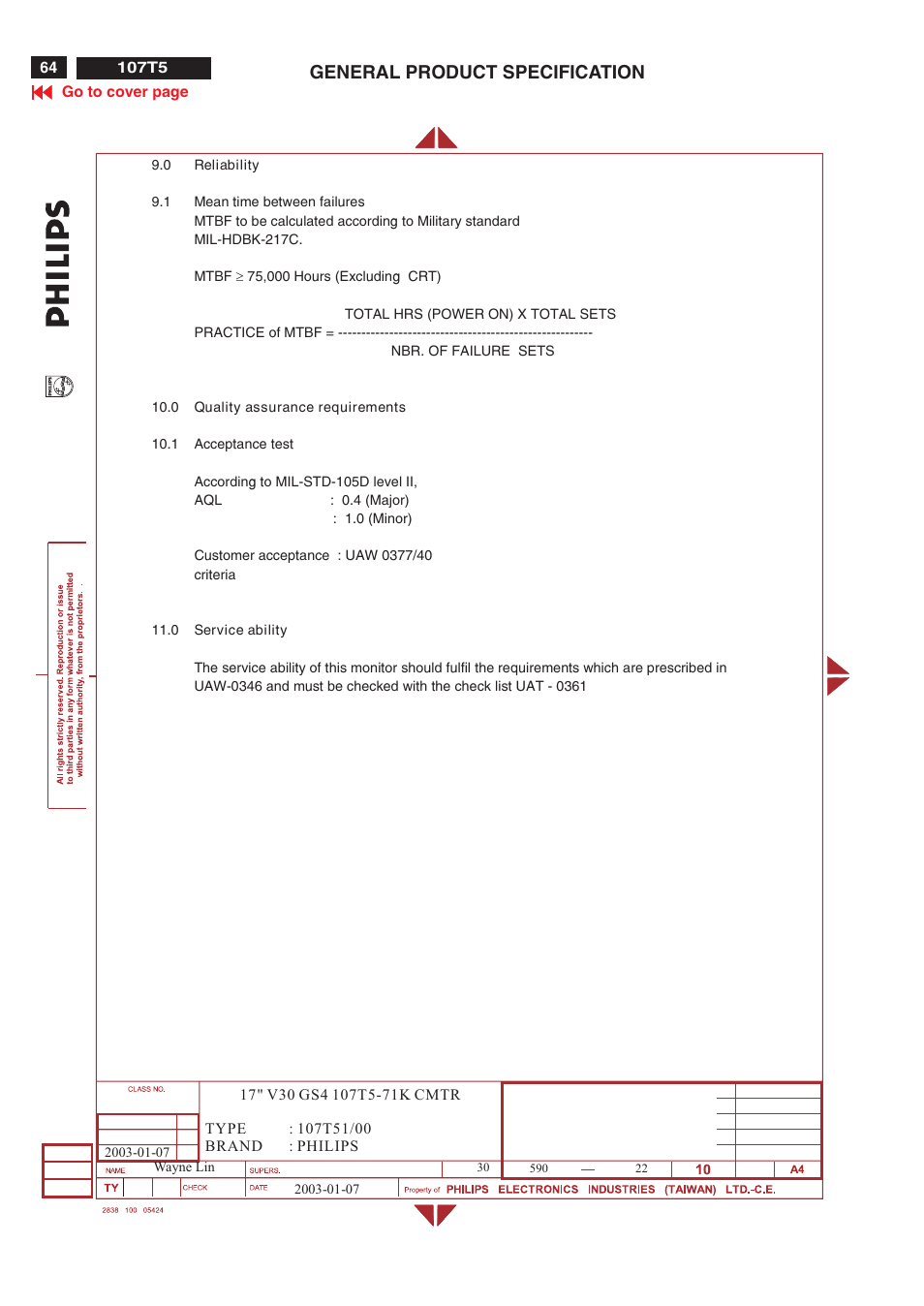 General product specification | Philips V30 User Manual | Page 64 / 109