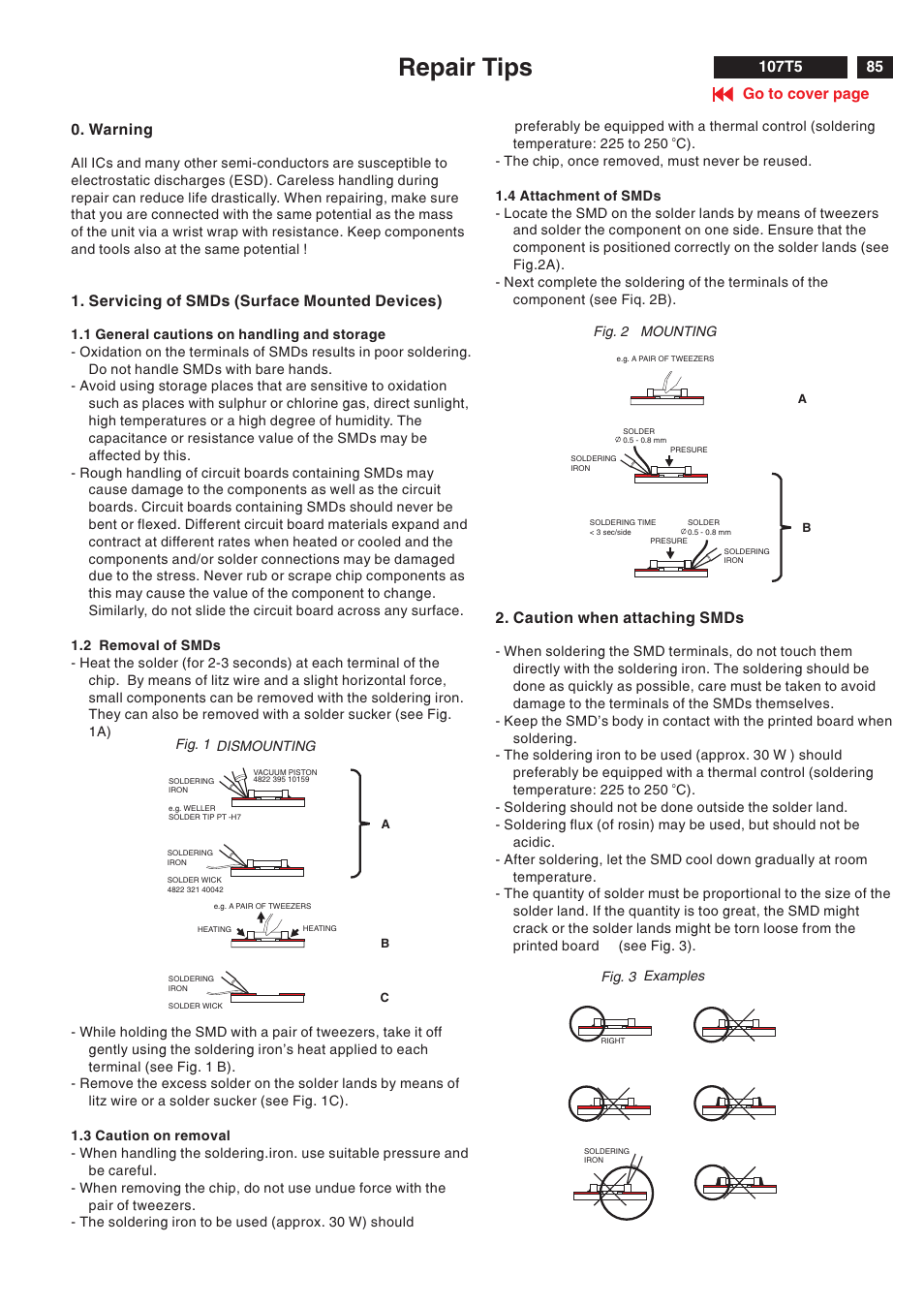 Repair tips, Caution when attaching smds | Philips V30 User Manual | Page 85 / 109