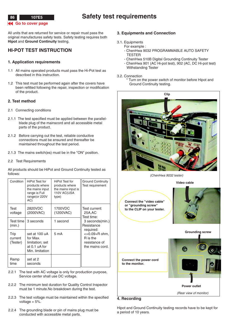 Safety test requirements, Hi-pot test instruction | Philips V30 User Manual | Page 86 / 109