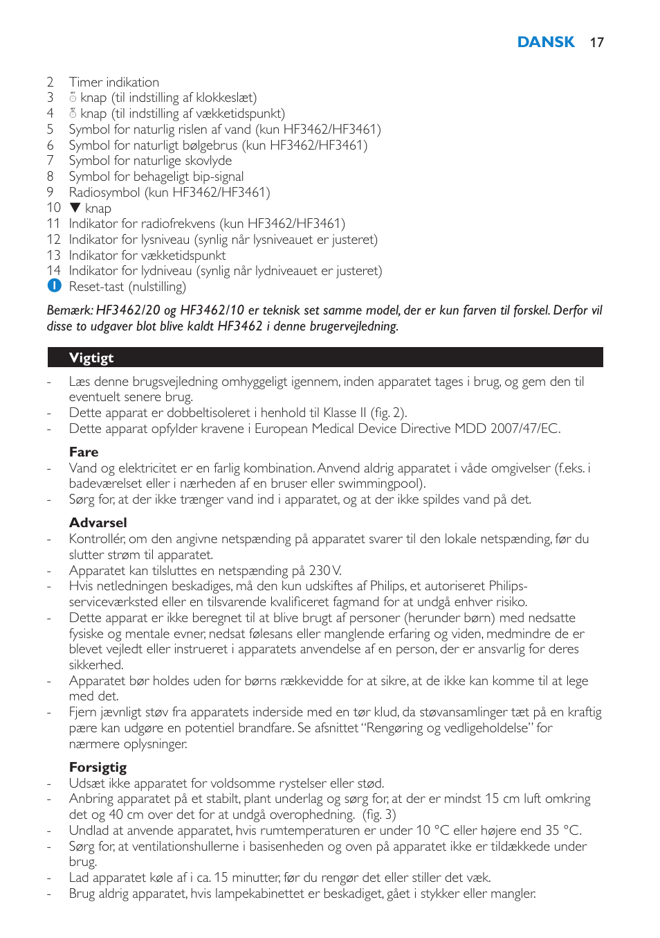 Fare, Advarsel, Forsigtig | Vigtigt | Philips HF3451 User Manual | Page 17 / 76