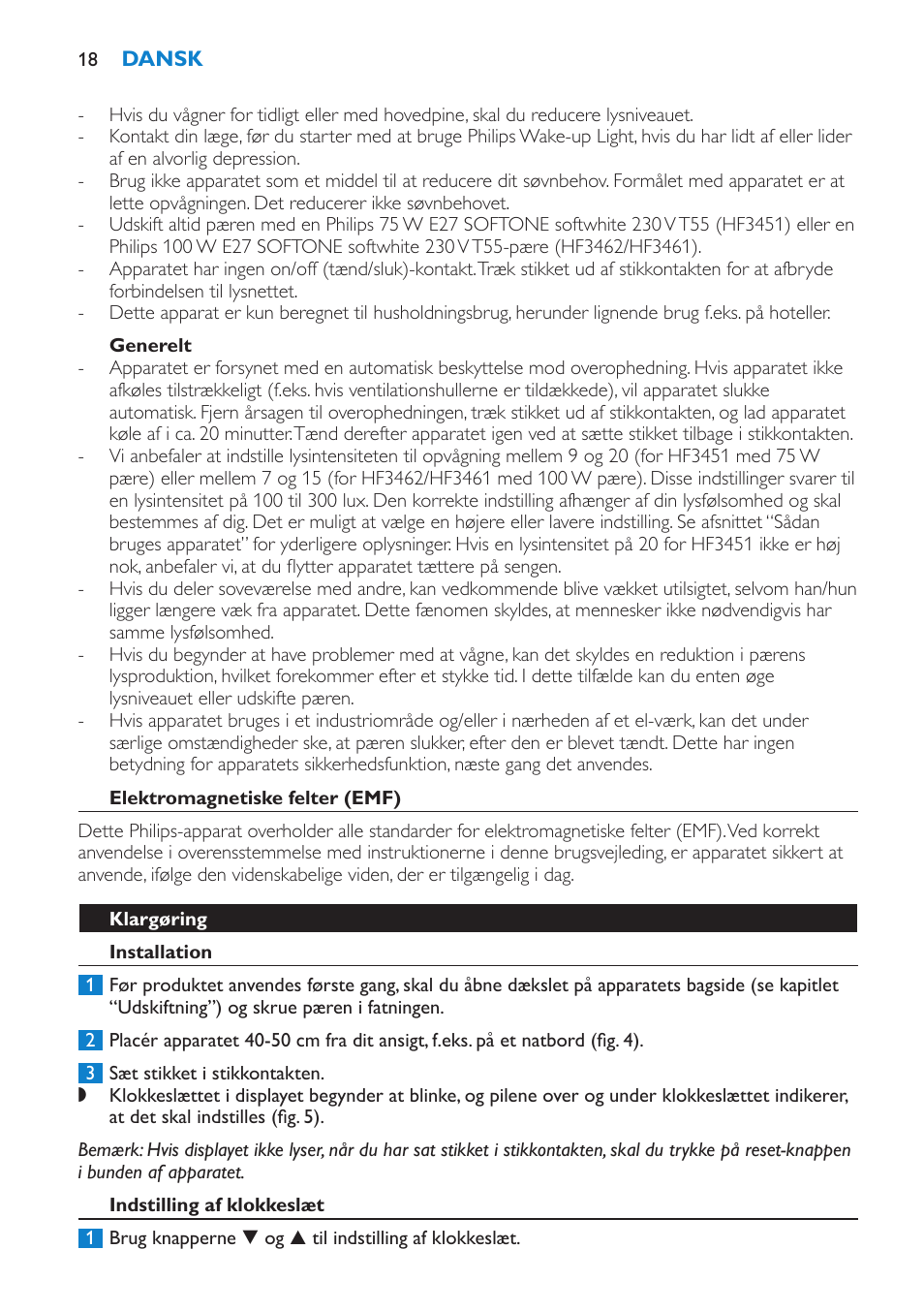 Generelt, Elektromagnetiske felter (emf), Klargøring | Installation, Indstilling af klokkeslæt | Philips HF3451 User Manual | Page 18 / 76