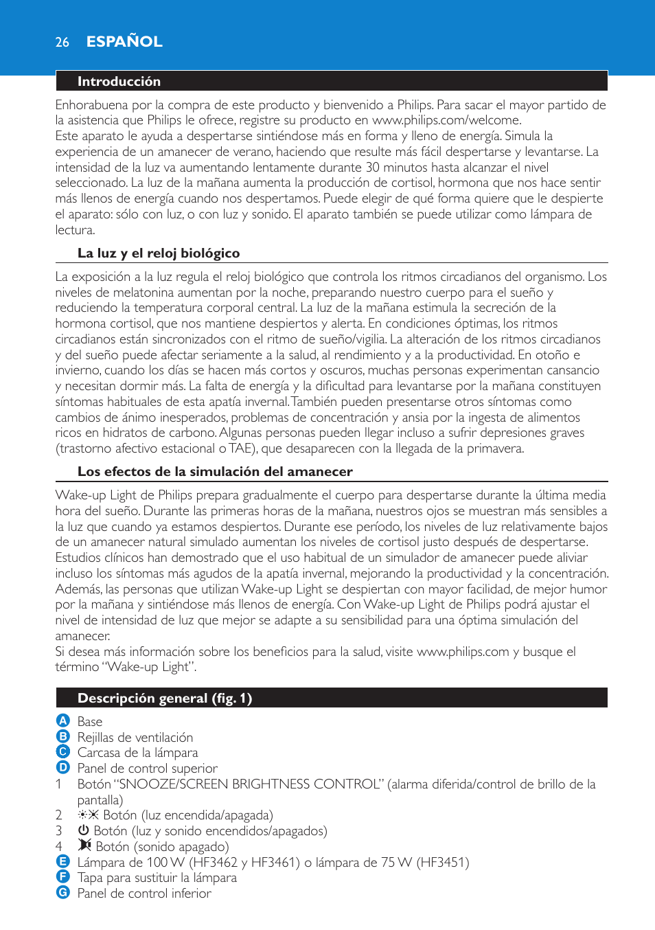 Español, Introducción, La luz y el reloj biológico | Los efectos de la simulación del amanecer, Descripción general (fig. 1) | Philips HF3451 User Manual | Page 26 / 76