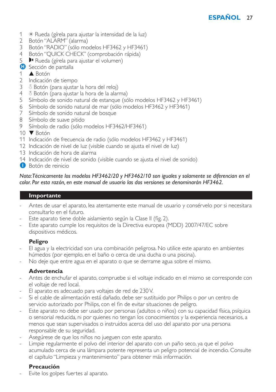 Peligro, Advertencia, Importante | Philips HF3451 User Manual | Page 27 / 76