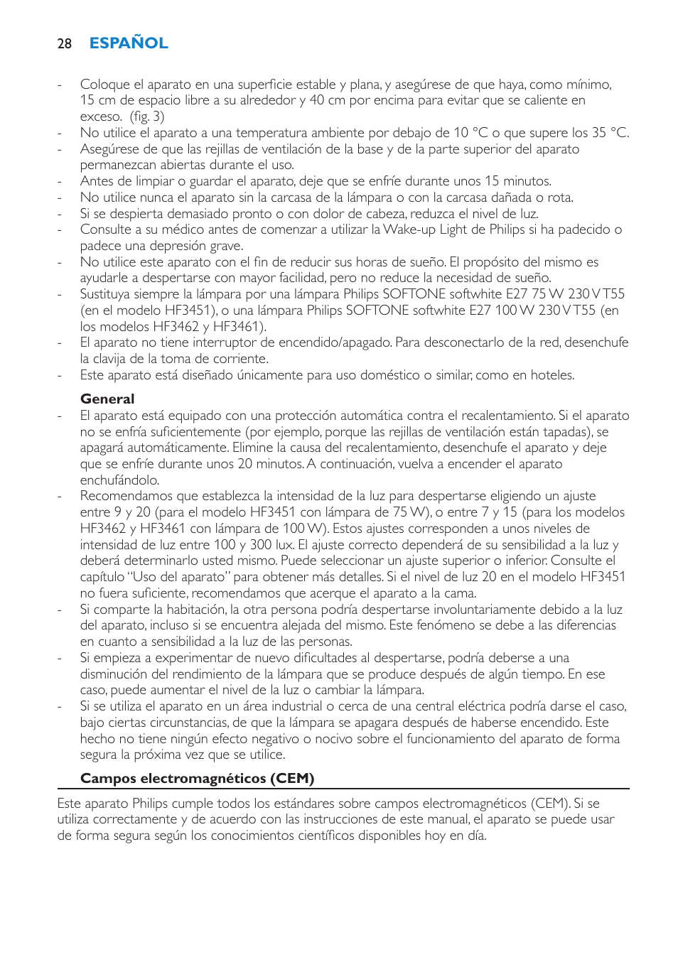 Precaución, General, Campos electromagnéticos (cem) | Philips HF3451 User Manual | Page 28 / 76