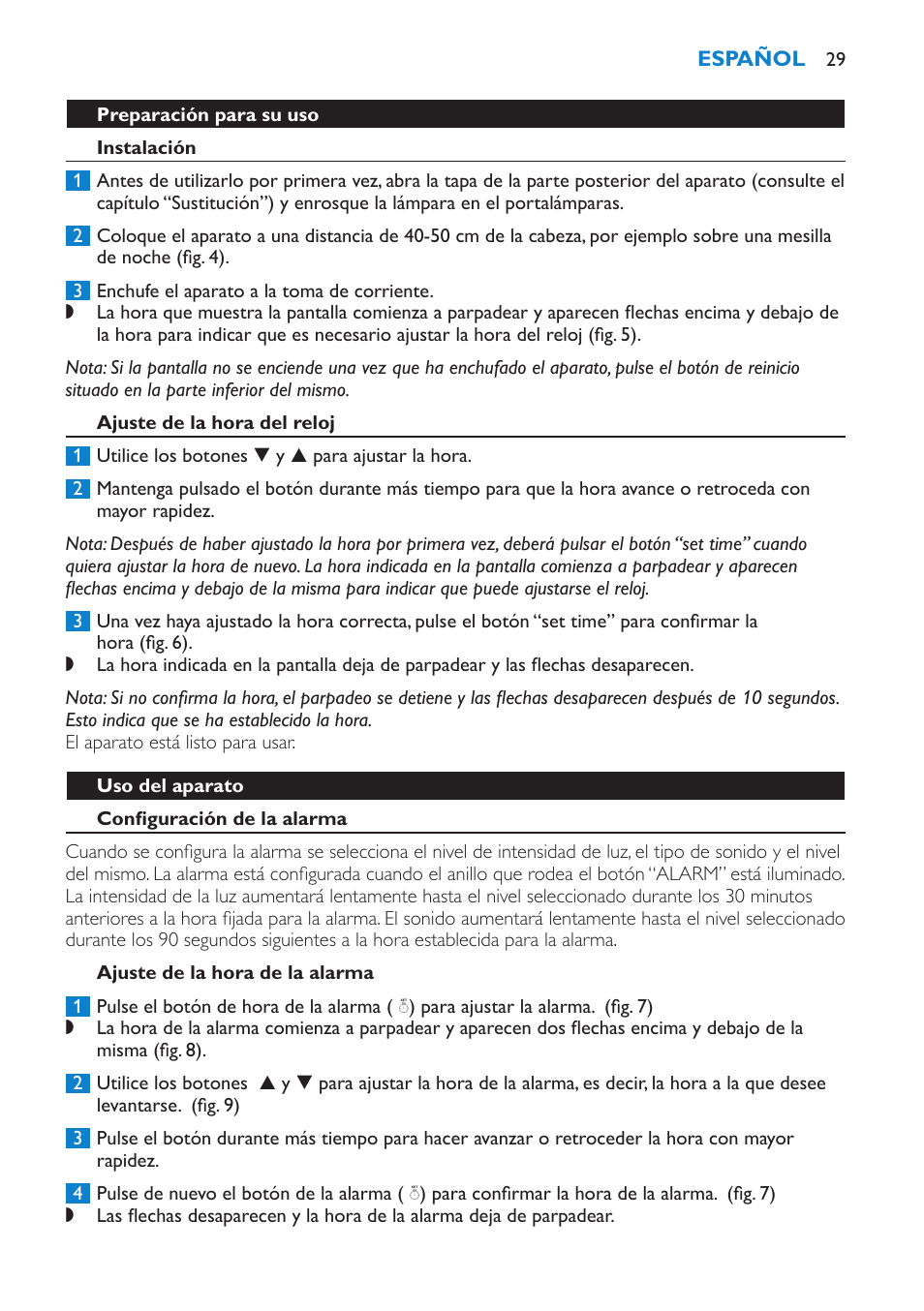 Preparación para su uso, Instalación, Ajuste de la hora del reloj | Uso del aparato, Configuración de la alarma, Ajuste de la hora de la alarma | Philips HF3451 User Manual | Page 29 / 76