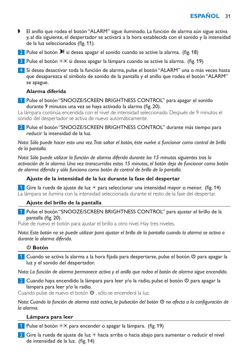 Alarma diferida, Ajuste del brillo de la pantalla, 3 botón | Lámpara para leer | Philips HF3451 User Manual | Page 31 / 76