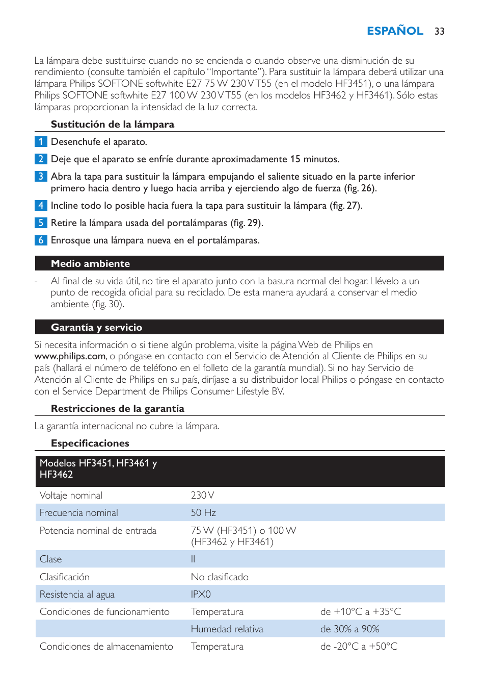 Sustitución de la lámpara, Medio ambiente, Garantía y servicio | Restricciones de la garantía, Especificaciones | Philips HF3451 User Manual | Page 33 / 76