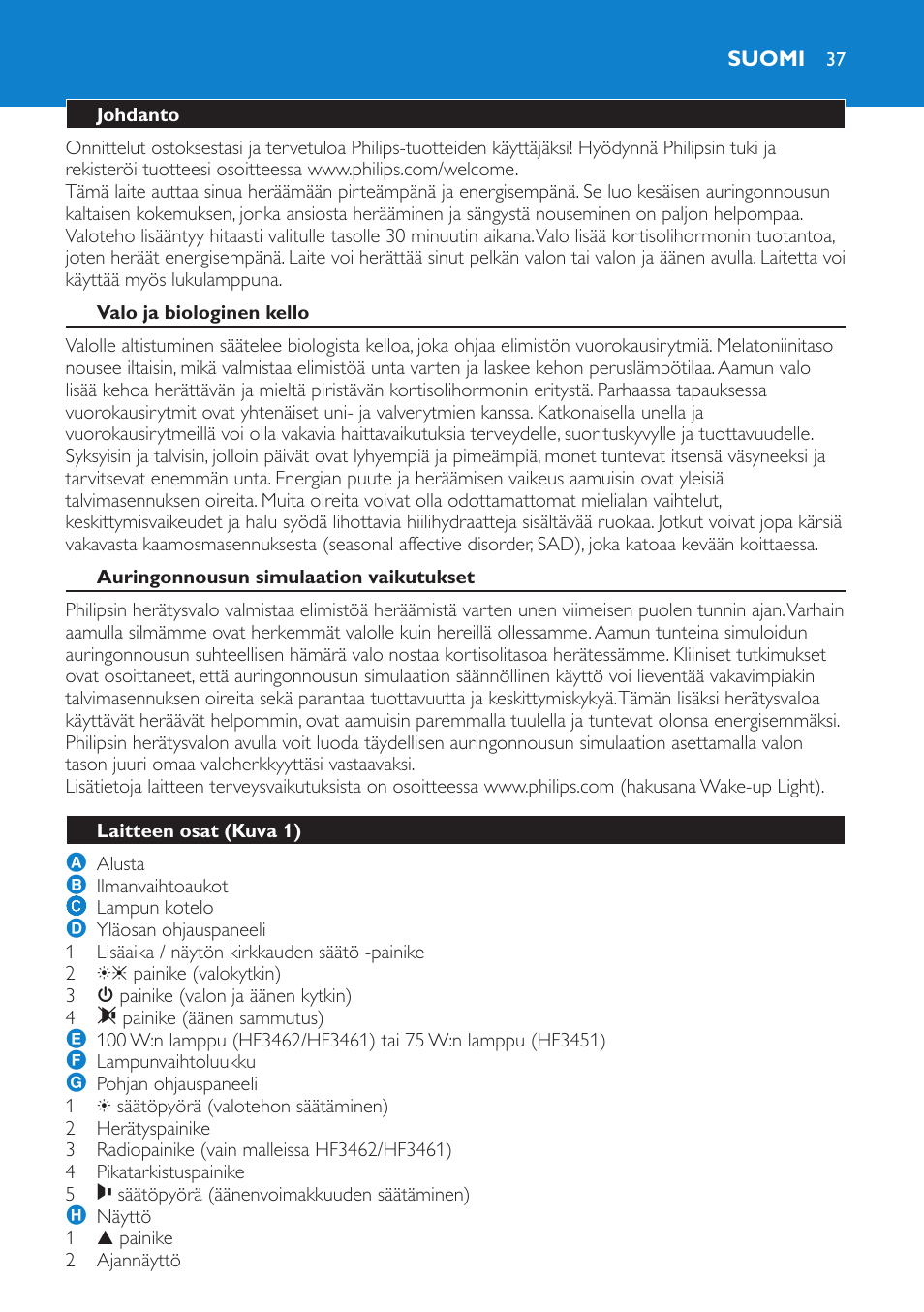 Suomi, Johdanto, Valo ja biologinen kello | Auringonnousun simulaation vaikutukset, Laitteen osat (kuva 1) | Philips HF3451 User Manual | Page 37 / 76