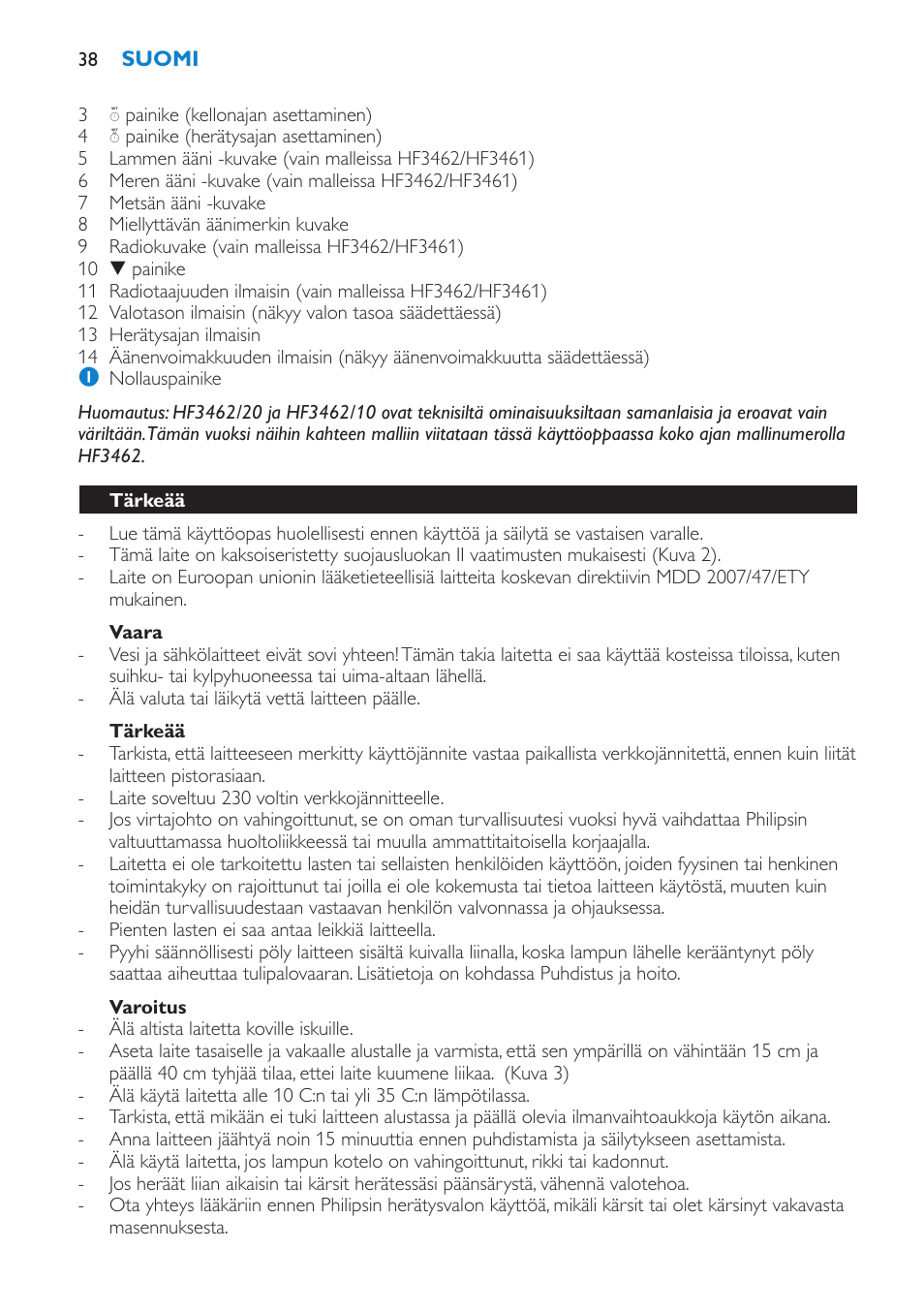 Vaara, Tärkeää, Varoitus | Philips HF3451 User Manual | Page 38 / 76