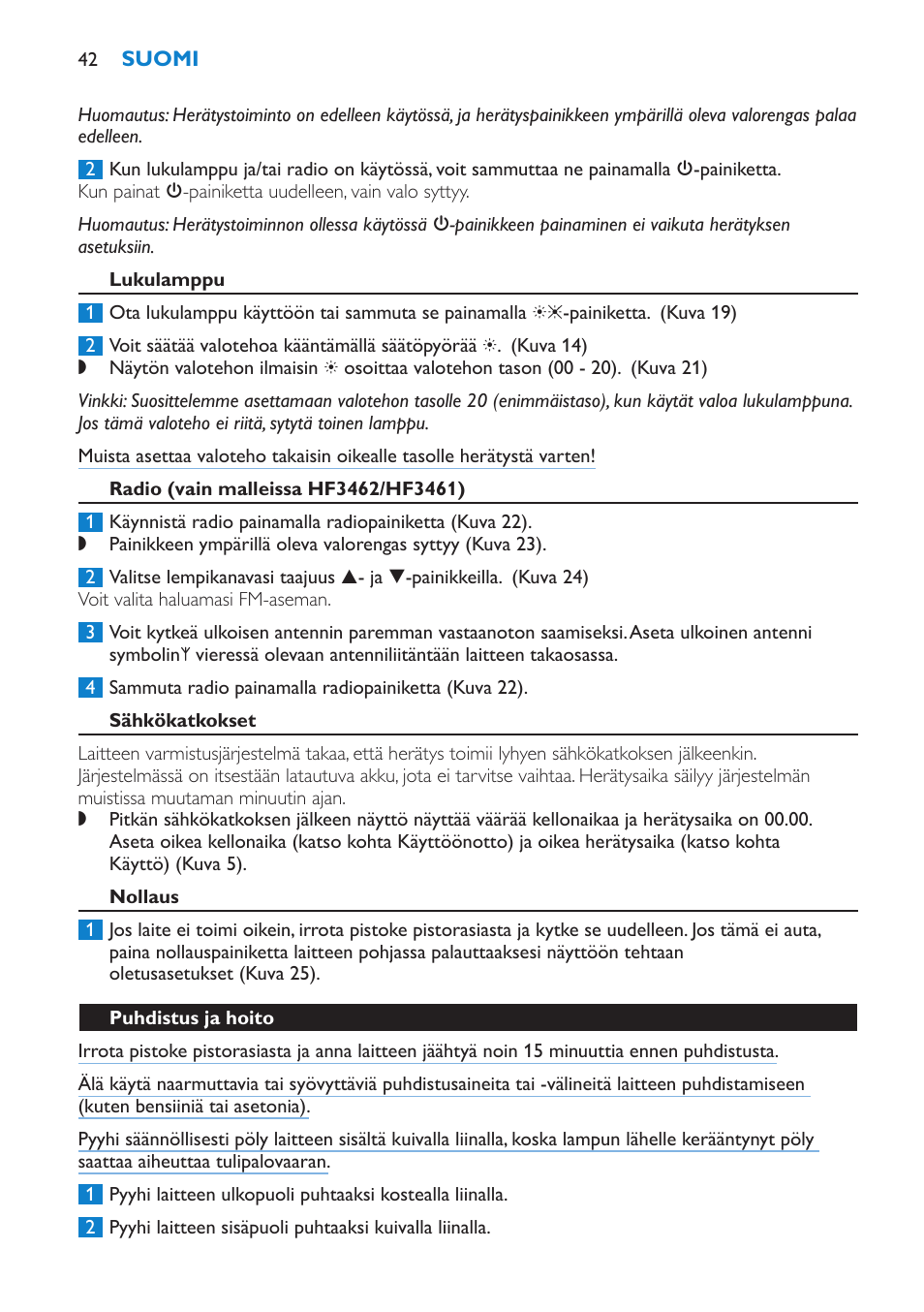 Lukulamppu, Radio (vain malleissa hf3462/hf3461), Sähkökatkokset | Nollaus, Puhdistus ja hoito | Philips HF3451 User Manual | Page 42 / 76