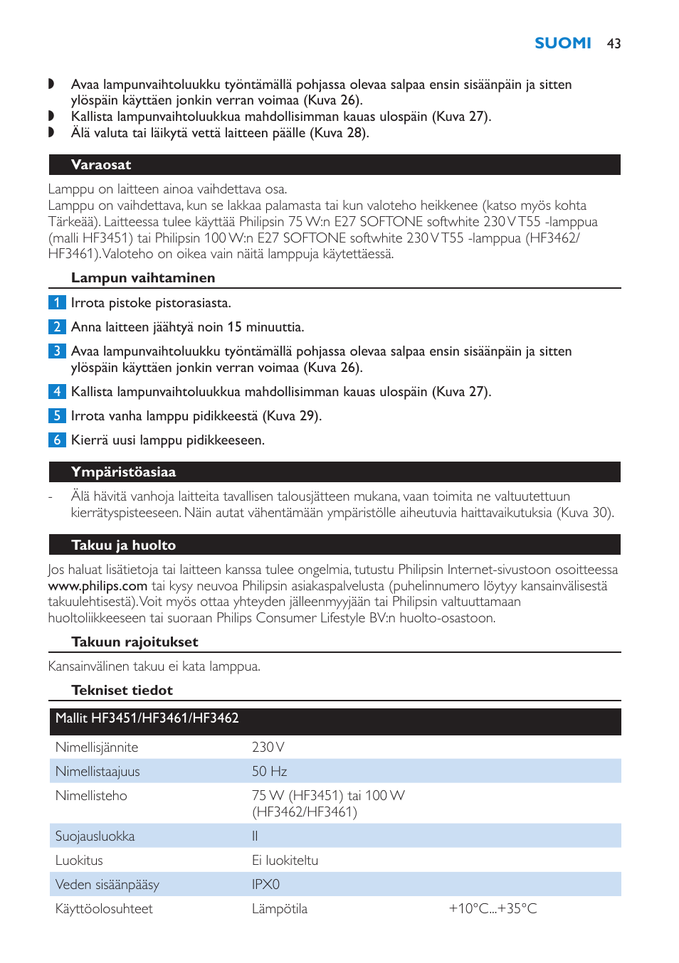 Varaosat, Lampun vaihtaminen, Ympäristöasiaa | Takuu ja huolto, Takuun rajoitukset, Tekniset tiedot | Philips HF3451 User Manual | Page 43 / 76