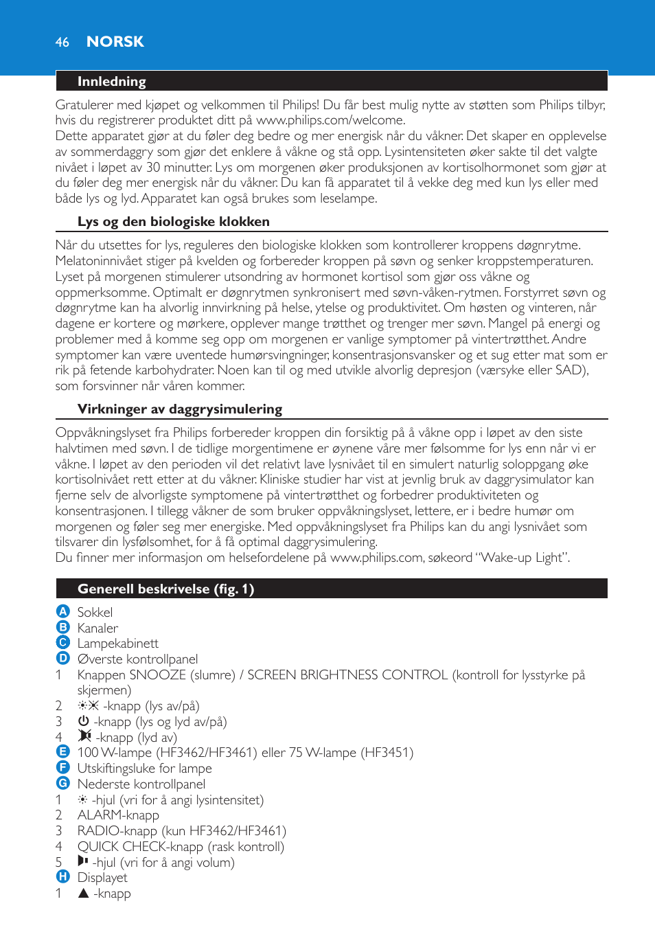 Norsk, Innledning, Lys og den biologiske klokken | Virkninger av daggrysimulering, Generell beskrivelse (fig. 1) | Philips HF3451 User Manual | Page 46 / 76