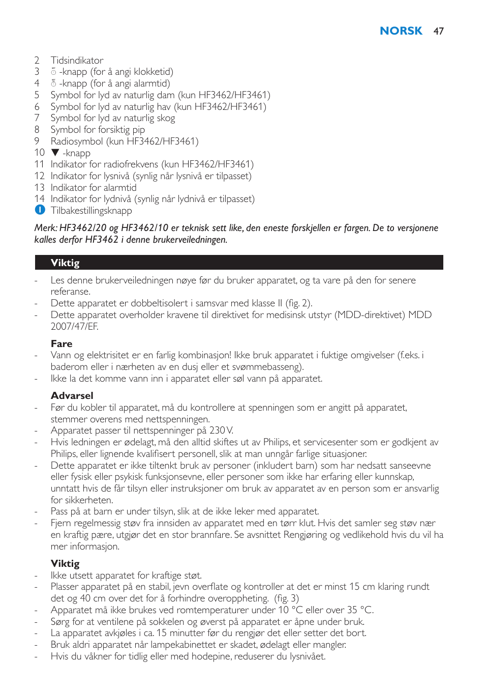 Fare, Advarsel, Viktig | Philips HF3451 User Manual | Page 47 / 76