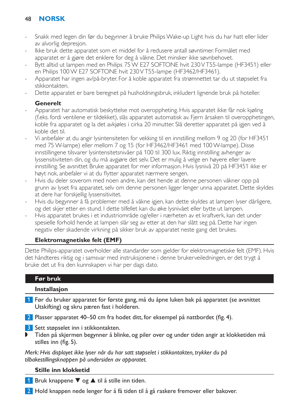 Generelt, Elektromagnetiske felt (emf), Før bruk | Installasjon, Stille inn klokketid | Philips HF3451 User Manual | Page 48 / 76