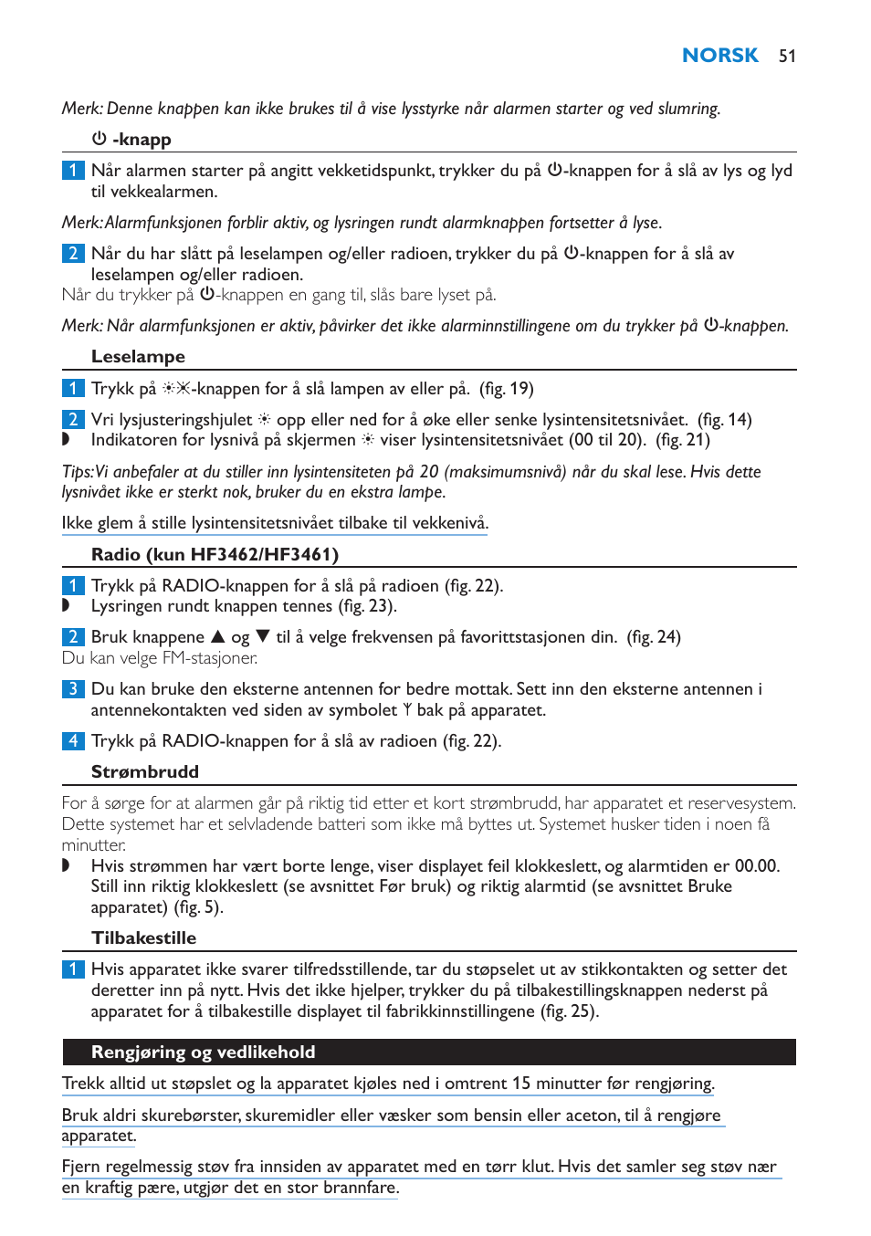 3 -knapp, Leselampe, Radio (kun hf3462/hf3461) | Strømbrudd, Tilbakestille, Rengjøring og vedlikehold | Philips HF3451 User Manual | Page 51 / 76