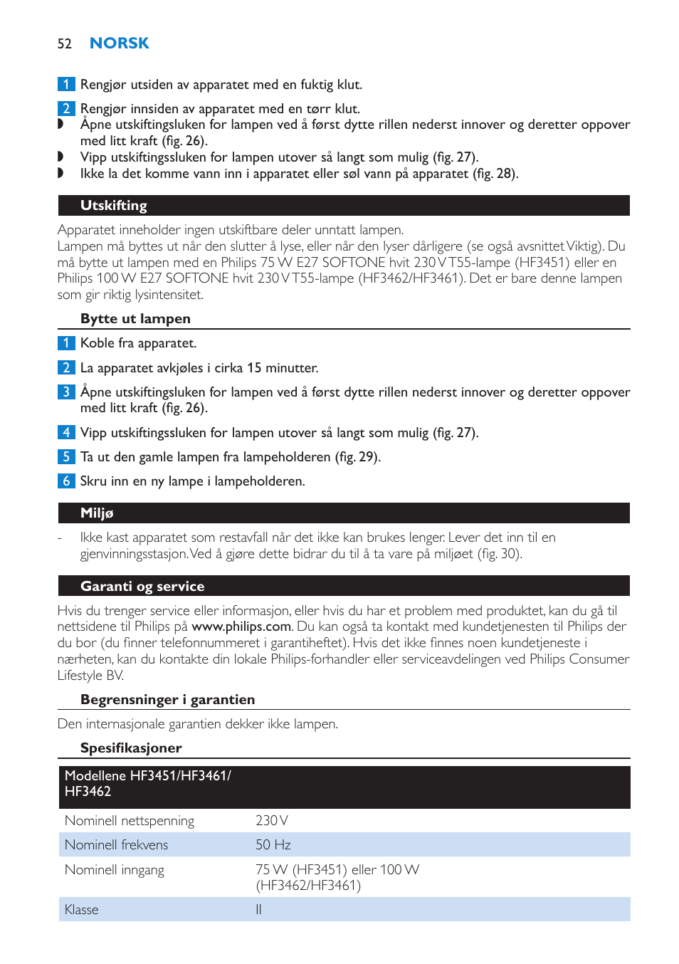 Utskifting, Bytte ut lampen, Miljø | Garanti og service, Begrensninger i garantien, Spesifikasjoner | Philips HF3451 User Manual | Page 52 / 76