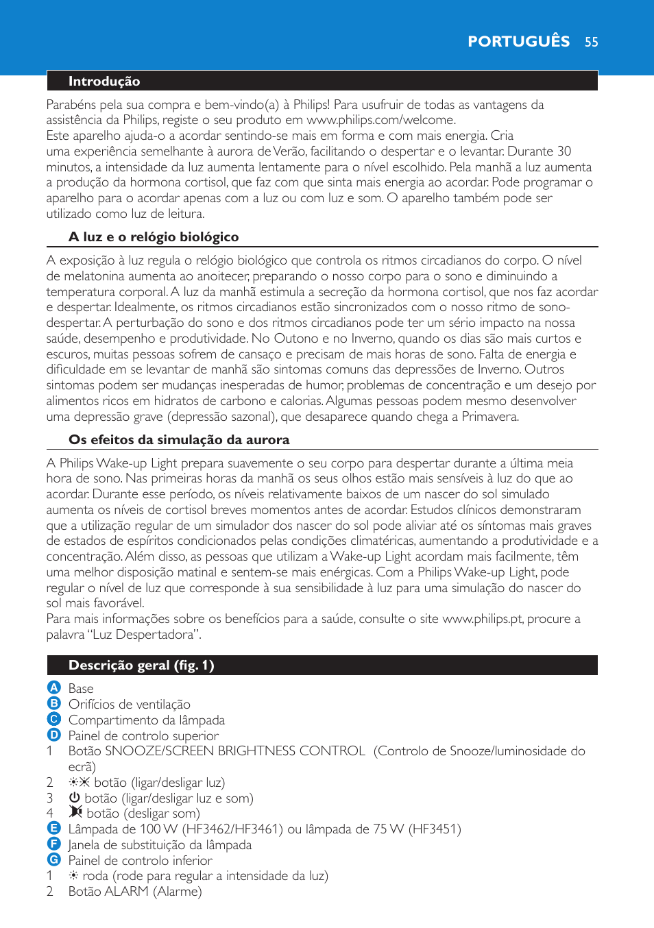 Português, Introdução, A luz e o relógio biológico | Os efeitos da simulação da aurora, Descrição geral (fig. 1) | Philips HF3451 User Manual | Page 55 / 76