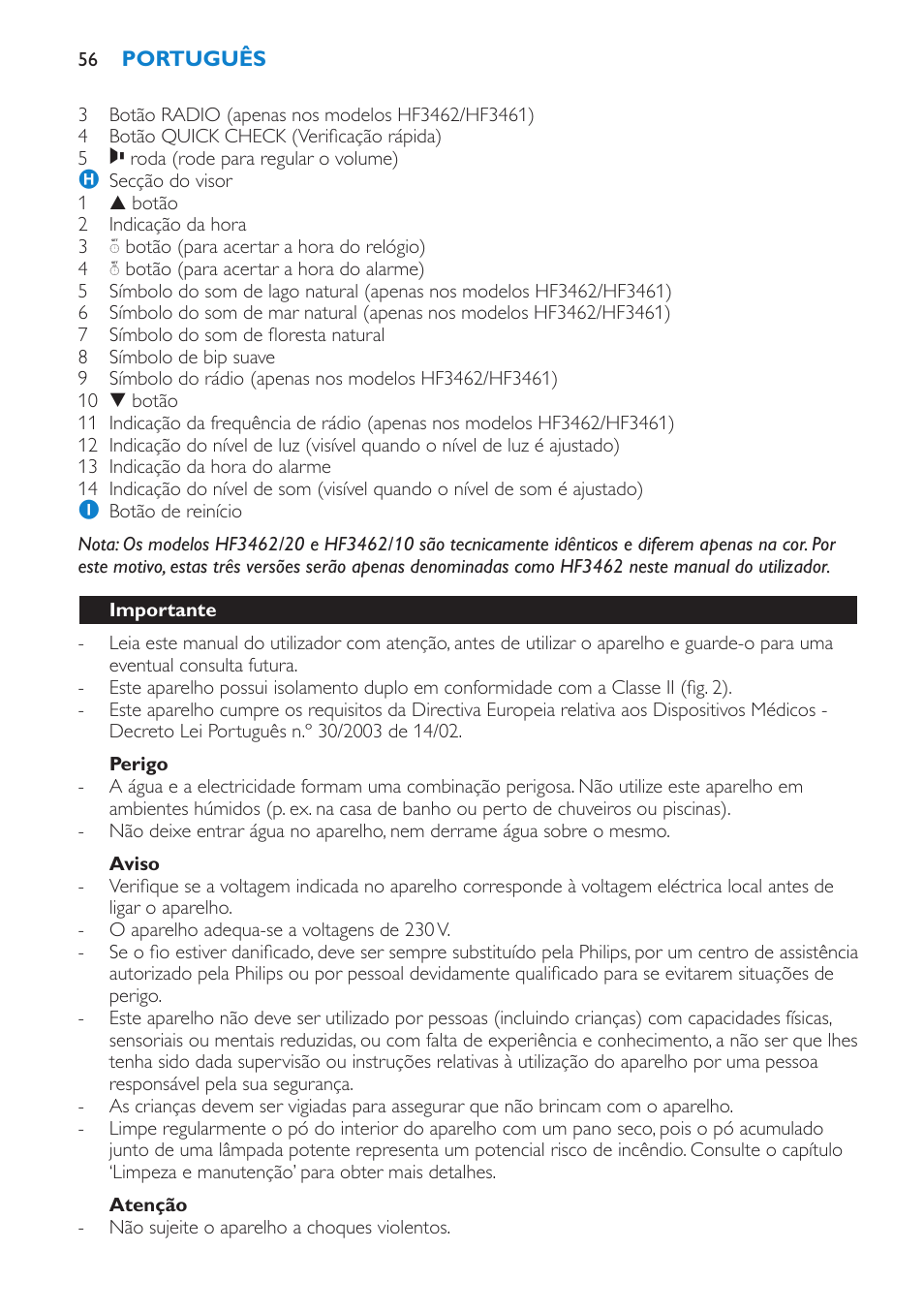 Perigo, Aviso, Atenção | Importante | Philips HF3451 User Manual | Page 56 / 76