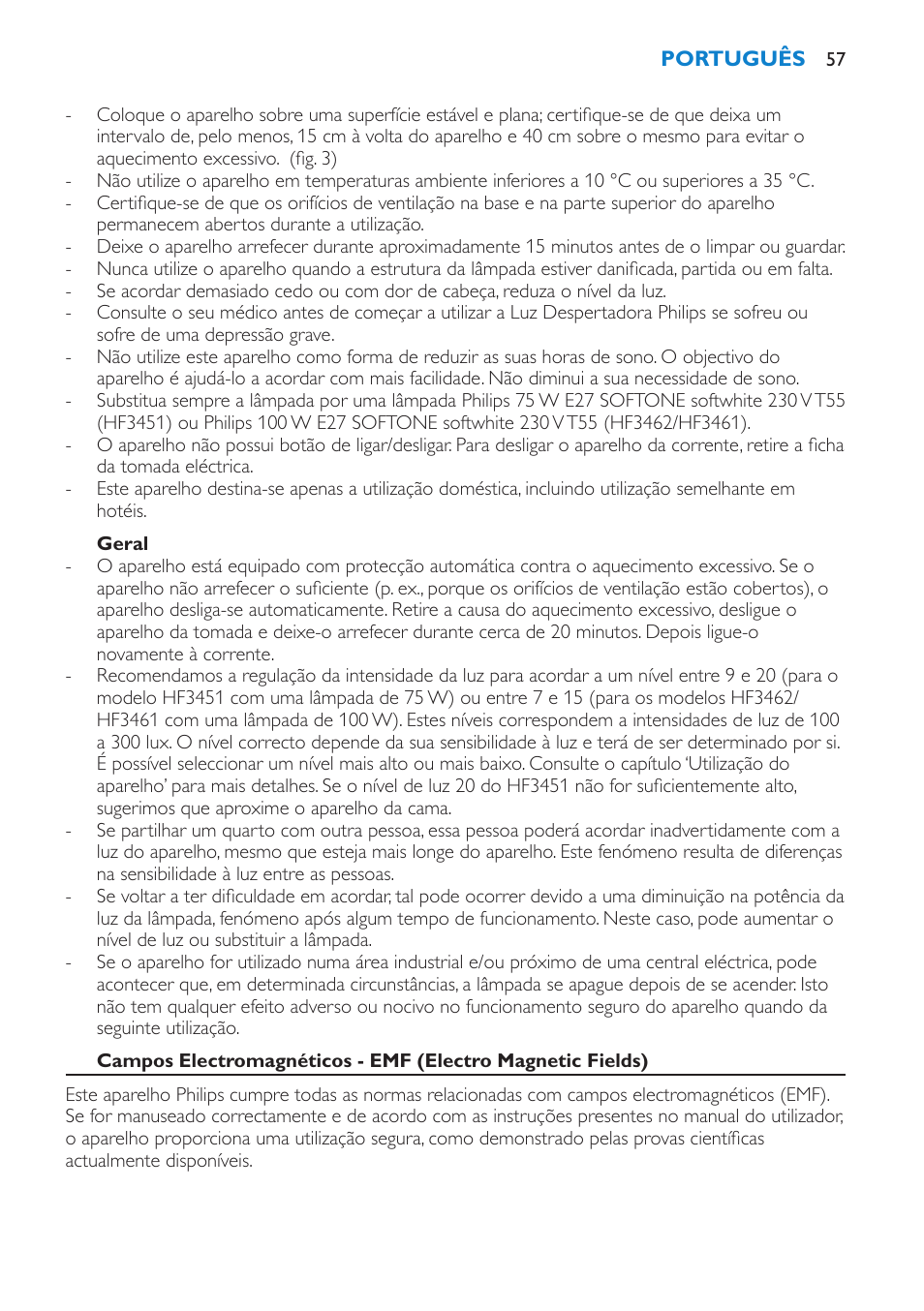Geral | Philips HF3451 User Manual | Page 57 / 76